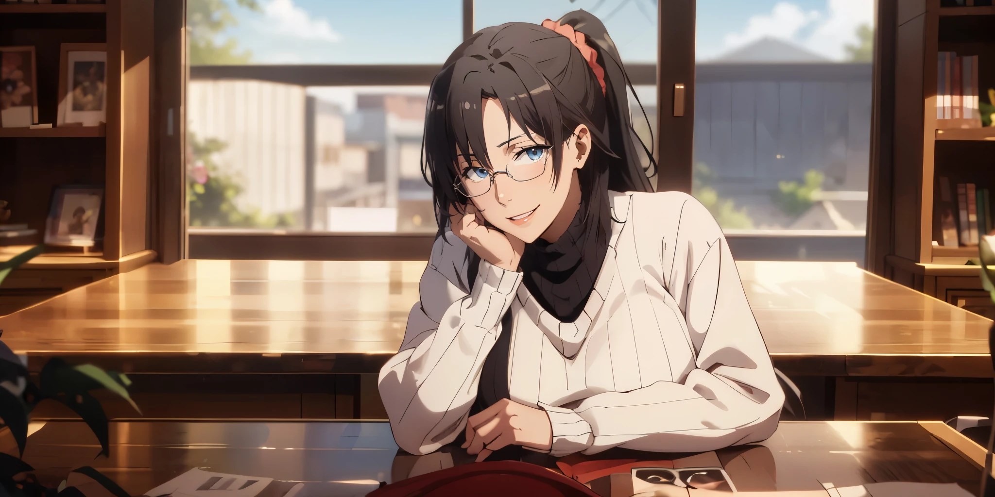 sensei, anatomically correct, best quality, masterpiece, high quality, high details, highres, HD, (shaded face:1.2), hollow eyes, blue eyes, looking at viewer, seductive smile, glasses, lips, sensei, black hair, ponytail, scrunchie, huge breasts, solo, blurry, 1girl, depth_of_field, earrings, blurry_background, breasts, jewelry, bookshelf, red_eyes, indoors, table, sweater, solo, large_breasts, looking_at_viewer, blurry_foreground, long_sleeves, closed_mouth, bangs, blush, pantyhose, hand_on_own_cheek, sidelocks, breast_rest, ribbed_sweater,