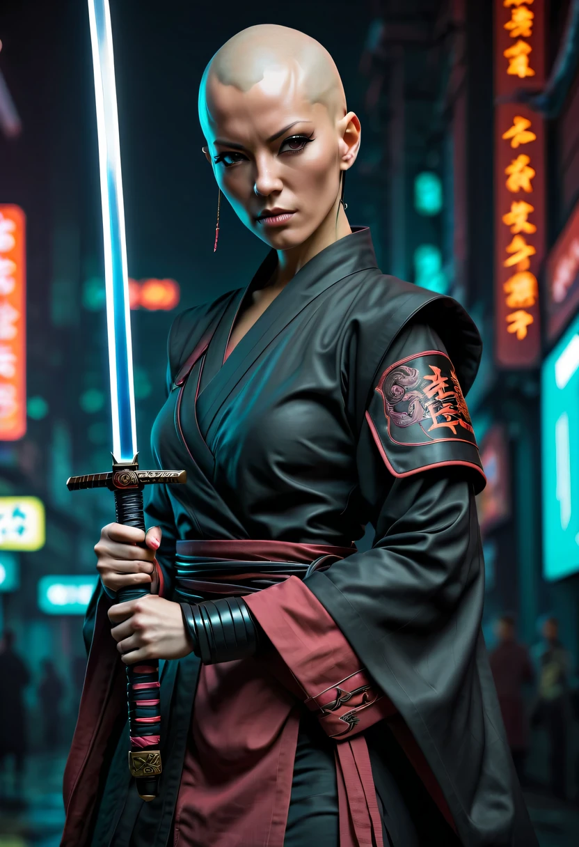 Samurai sword,sh4g0d style cyberpunk female warrior,(bald,monk:1.2),bushido,robe