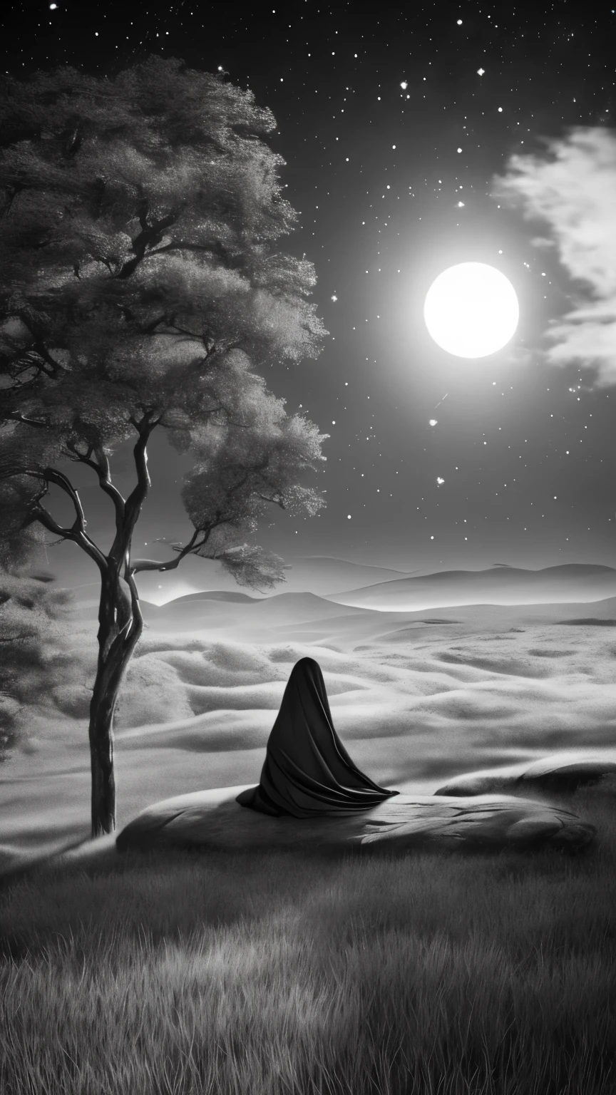 (best quality,4k,8k,highres,masterpiece:1.2),ultra-detailed,(realistic,photorealistic,photo-realistic:1.37),hijab girl,sitting on a big stone,facing a gigantic moon,black and white effect,beautiful detailed eyes,beautiful detailed lips,extremely detailed face,long eyelashes,dark and mysterious atmosphere,moonlight casting a soft glow on her,hijab flowing in the wind,gently illuminated by moonlight,peaceful and serene expression,subtle shadows and highlights on her face,delicate features,firm yet gentle grip on the stone,strong and determined posture,tranquil reflection in her eyes,hillside covered in lush green grass,gentle breeze rustling the leaves,splendid view of the night sky,starry constellations twinkling above,moonlight creating a dream-like ambiance,contrast of dark and light enhancing the mood,smooth and polished stone with intricate details,soft texture of the hijab,subtle grayscale tones adding depth and dimension,dramatic composition and perspective,sublime beauty captured in black and white,endless possibilities and enchantment in the moonlit night.