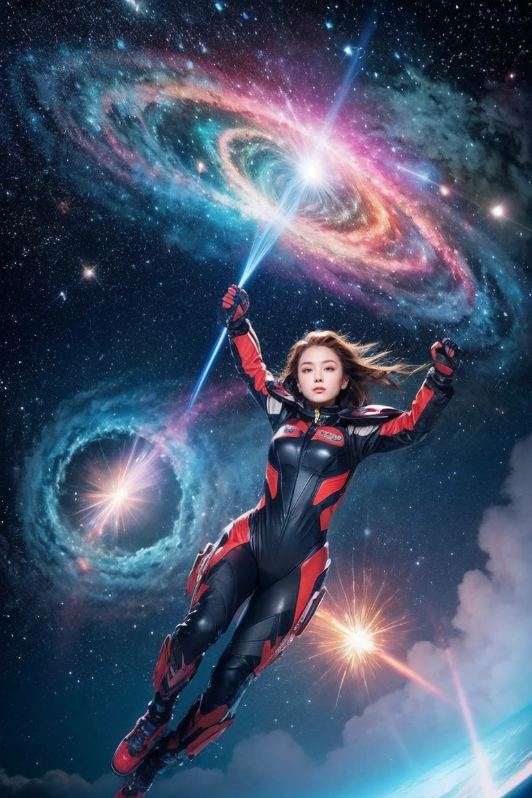 (alone) inconceivable and spectacular an emergency scene of a cloud figure Sophie Turner in a cosmic cloud, Fractal Nebula, cosmic, heavenly, Vibrant and vivid entities, whirlwind, spinning, unrealistic, high contrast, symbolism, Magic, mystery的な, mystery, surreal, supersaturation, 8K、woman wearing a battle suit、rocket boots、laser beam from hand、With enemy space fleet in the background