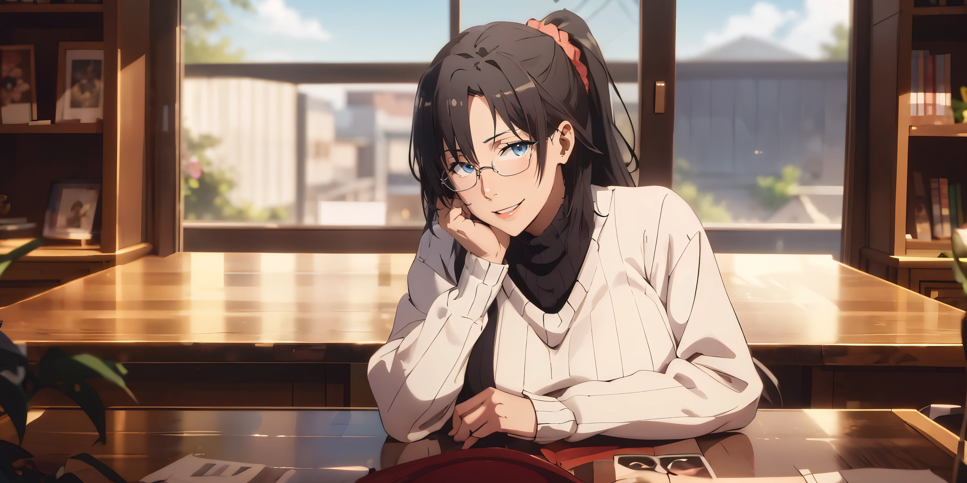 sensei, anatomically correct, best quality, masterpiece, high quality, high details, highres, HD, (shaded face:1.2), hollow eyes, blue eyes, looking at viewer, seductive smile, glasses, lips, sensei, black hair, ponytail, scrunchie, huge breasts, solo, blurry, 1girl, depth_of_field, earrings, blurry_background, breasts, jewelry, bookshelf, red_eyes, indoors, table, sweater, solo, large_breasts, looking_at_viewer, blurry_foreground, long_sleeves, closed_mouth, bangs, blush, pantyhose, hand_on_own_cheek, sidelocks, breast_rest, ribbed_sweater,