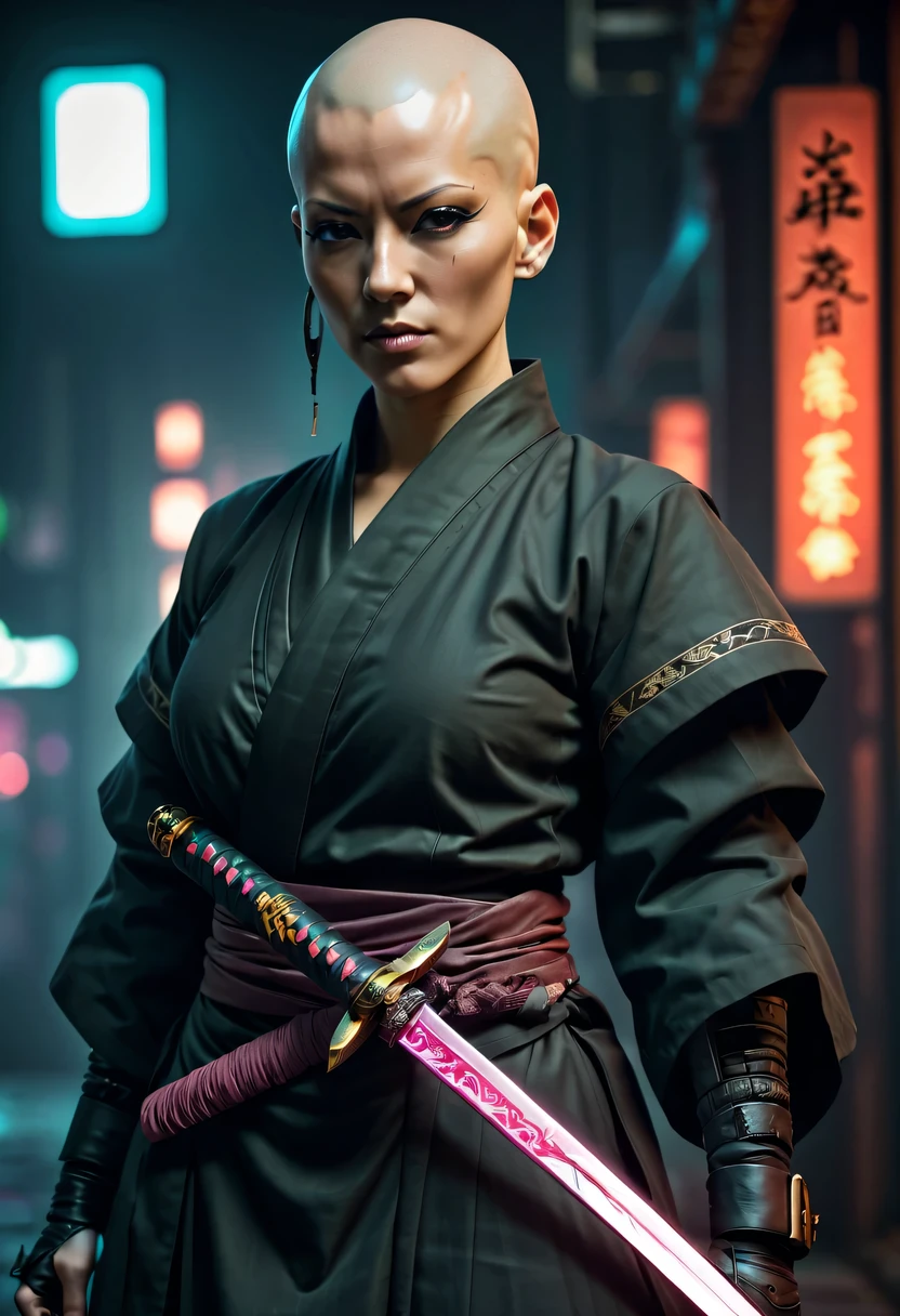 Samurai sword，sh4g0d style cyberpunk female warrior，(bald，monk:1.2),bushido,robe