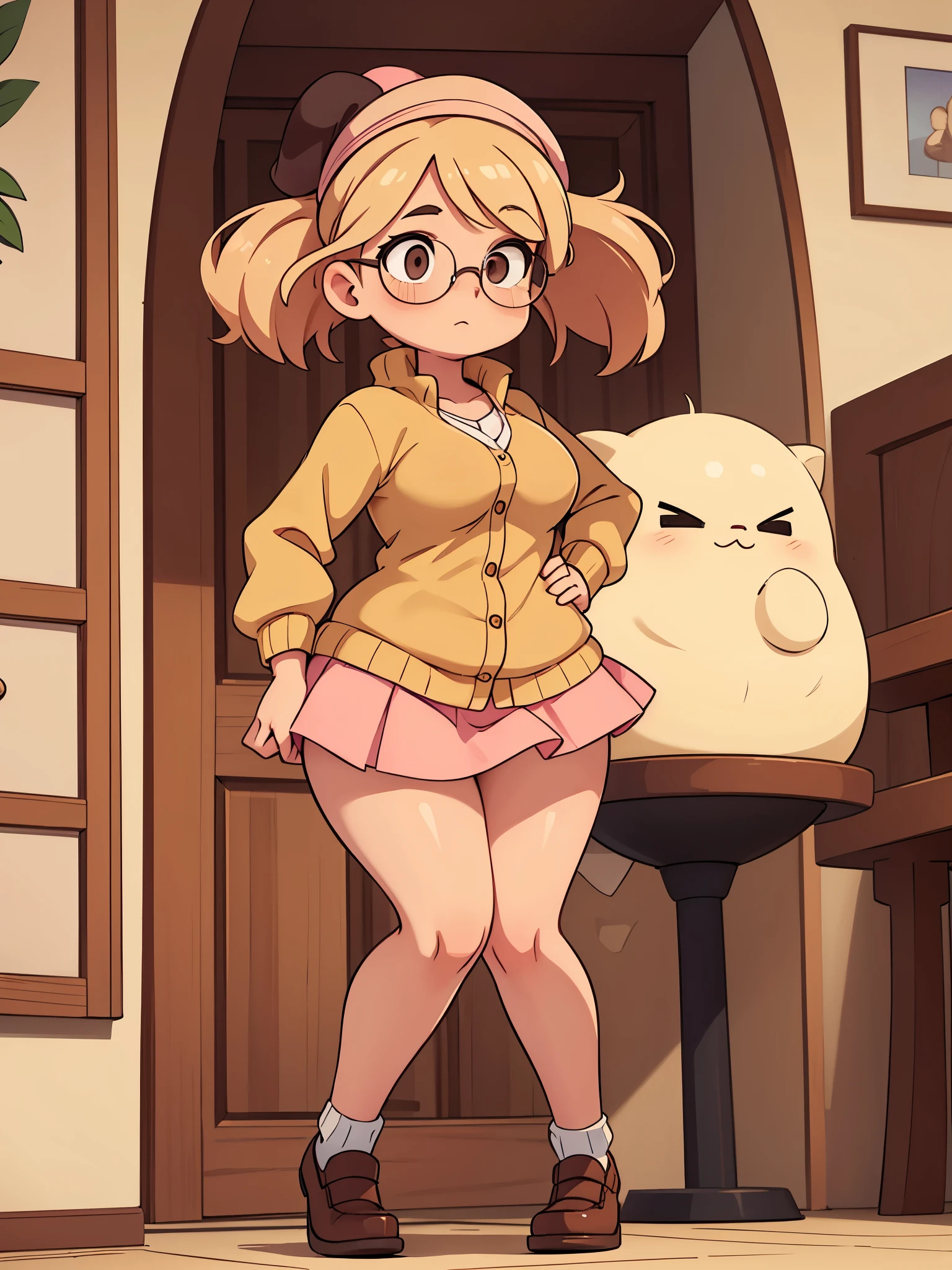 Drawing of a pudgy, tall teenage girl with rosy cheeks; brown eyes; creamy blonde hair. She is wearing rounded black dress shoes; she has very muscular, toned feet and legs. Her legs are fat, meaty, voluptuous, curvaceous, long, Rubenesque and plump. She is wearing a yellow cardigan, a beanie, circular glasses, a brown miniskirt and a pink kawaii beret. She is posing with one leg forward with both hands on her hips proudly. Her panties are slightly showing.