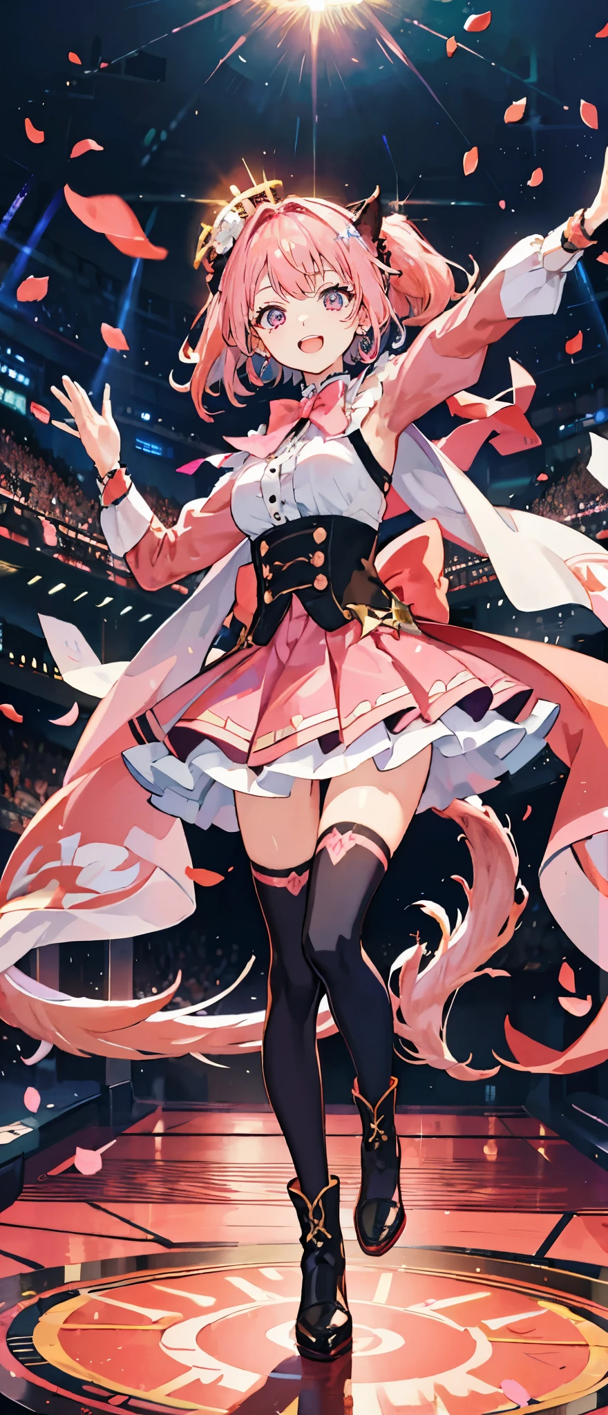 (muste piece), (best quality), very detailed, ((1 girl)), solo full body shot,Viewer's perspective,dynamic,jump,(smile),wink,perfect face, beautiful face, very detailedな顔,((coral pink hair long side tail_coral pink eyes:1.3)),Gorgeous idol costumes,ruffle skirt,solo idol,ribbon hair ornament,ribbon boots,knee high socks,concert dome,live,have a microphone,singing,smiling with mouth wide open,Laser Light,Spotlight,Lots of confetti、A large amount of petals dance