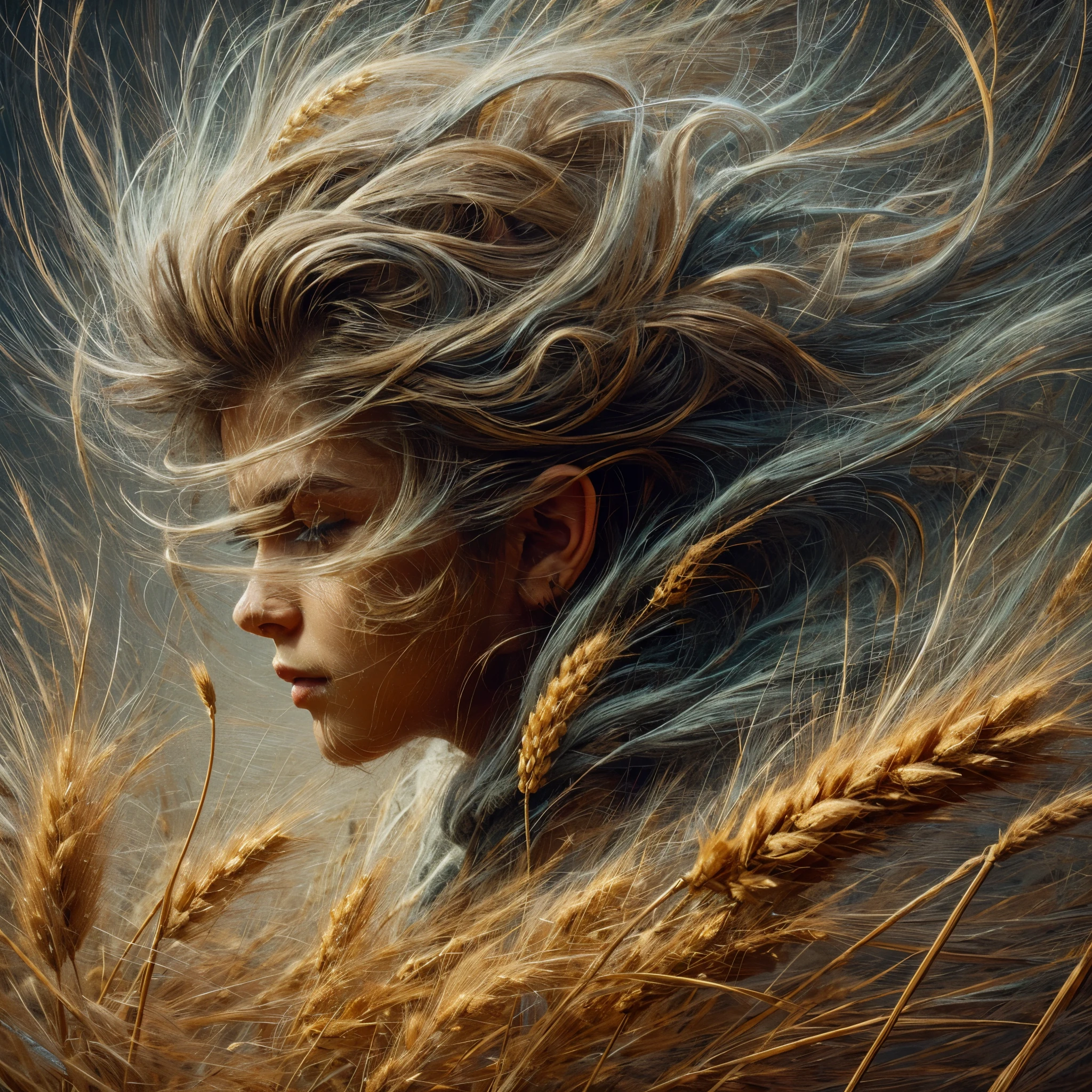 Abstract Hyperrealism a small extremely beautiful pixie with scruffy hair strain's against sheafs of wheat that are being blown by a strong wind