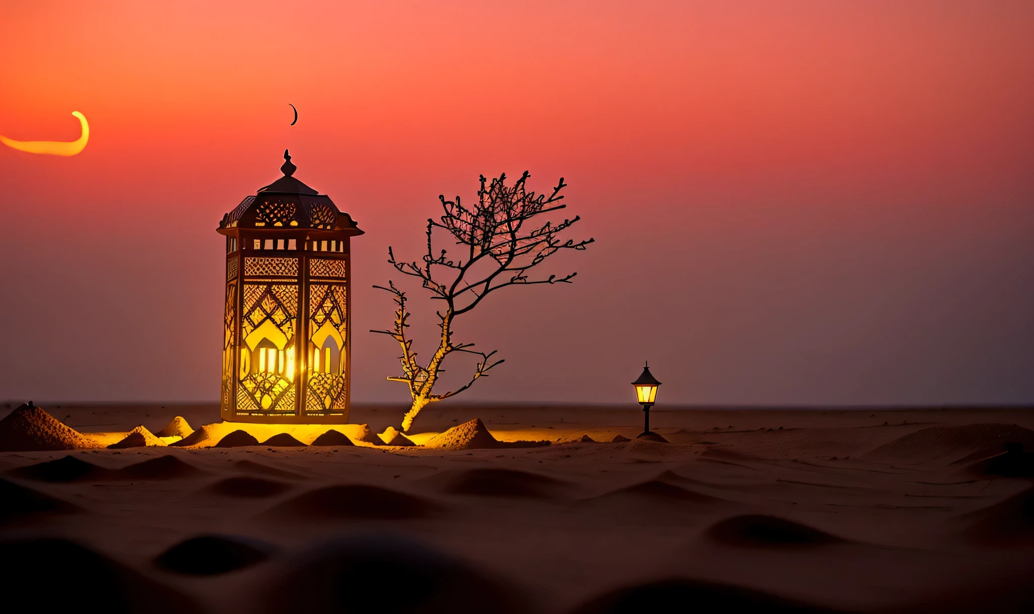 there is a lantern that is sitting on the sand, arabian night, arabian nights, moon and candle, orientalisme, islamic, morrocan lamp, night with moon and candle, islamic art, mystical setting, ✨🕌🌙, night setting, moroccan mosque, evening lanterns, arabian nights inspired, lit in a dawn light, mosque, sufism