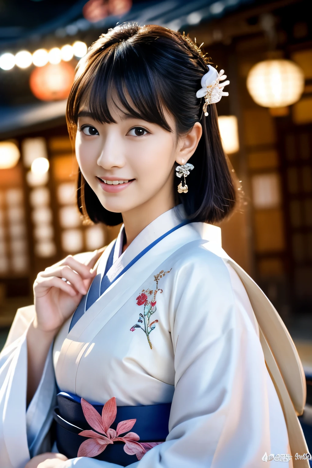 (8k、Raw photo、highest quality、masterpiece:1.2)、super detailed、Super high resolution、(realistic、photo realistic:1.37)、Portrait、High-definition RAW color photos、professional photos、very delicate and beautiful、very detailed、 8k Wallpapers、grow、finely、huge file size、official art、Highly detailed CG Unity 8k wallpapers、very detailed美しい女の子、very detailed顔、extremely detailed eye、very detailed肌、very fine fingers、very detailed鼻、very detailed口、perfect anatomy、very detailed背景、very detailed衣装、1 girl、(18-year-old:1.2)、10 generations、cute、famous japanese idol、cute、(:1.2)、realistic body、、pure white skin、shiny skin、slender body、good style、black haired、hair collection、(bangs:1.2)、laughter、cute、young、cute faces、lifelike face、Beautiful eyes、ordering sauce、(kimono:1.4)、intricate embroidery、earrings、(hair ornaments:1.2)、eye、cowboy shot、frontage、、contrapo、in house、(night:1.4)、Japanese style、Kyoto、dynamic lighting、look behind the camera
