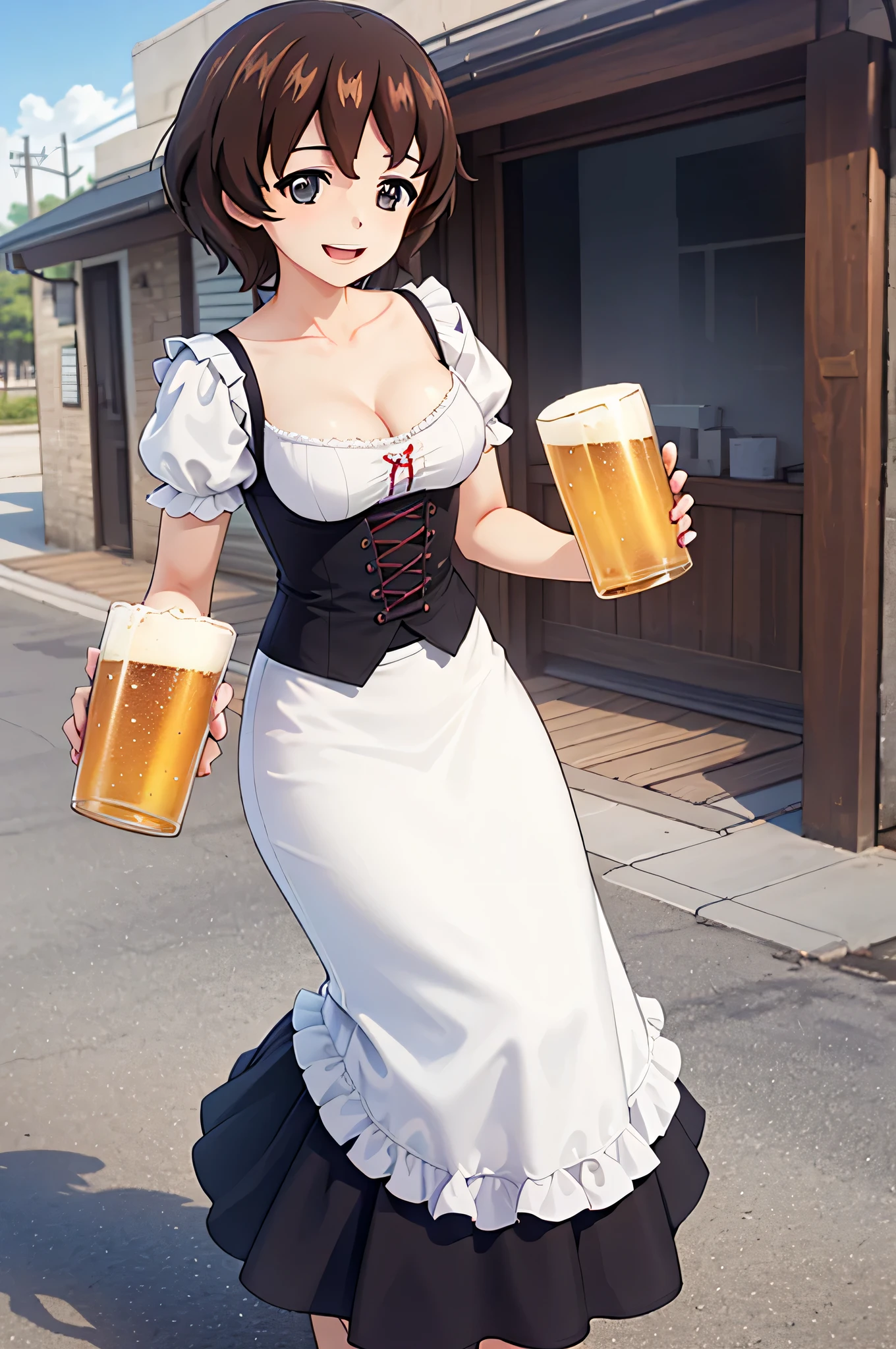 masterpiece, best quality,1girl, solo,koume \(girls und panzer\), medium breasts, looking at viewer, smile, open mouth, blush, (dirndl, puffy sleeves,frills), holding beer mug, cleavage,collarbone,outdoors, restaurant scenery,building, blue sky
