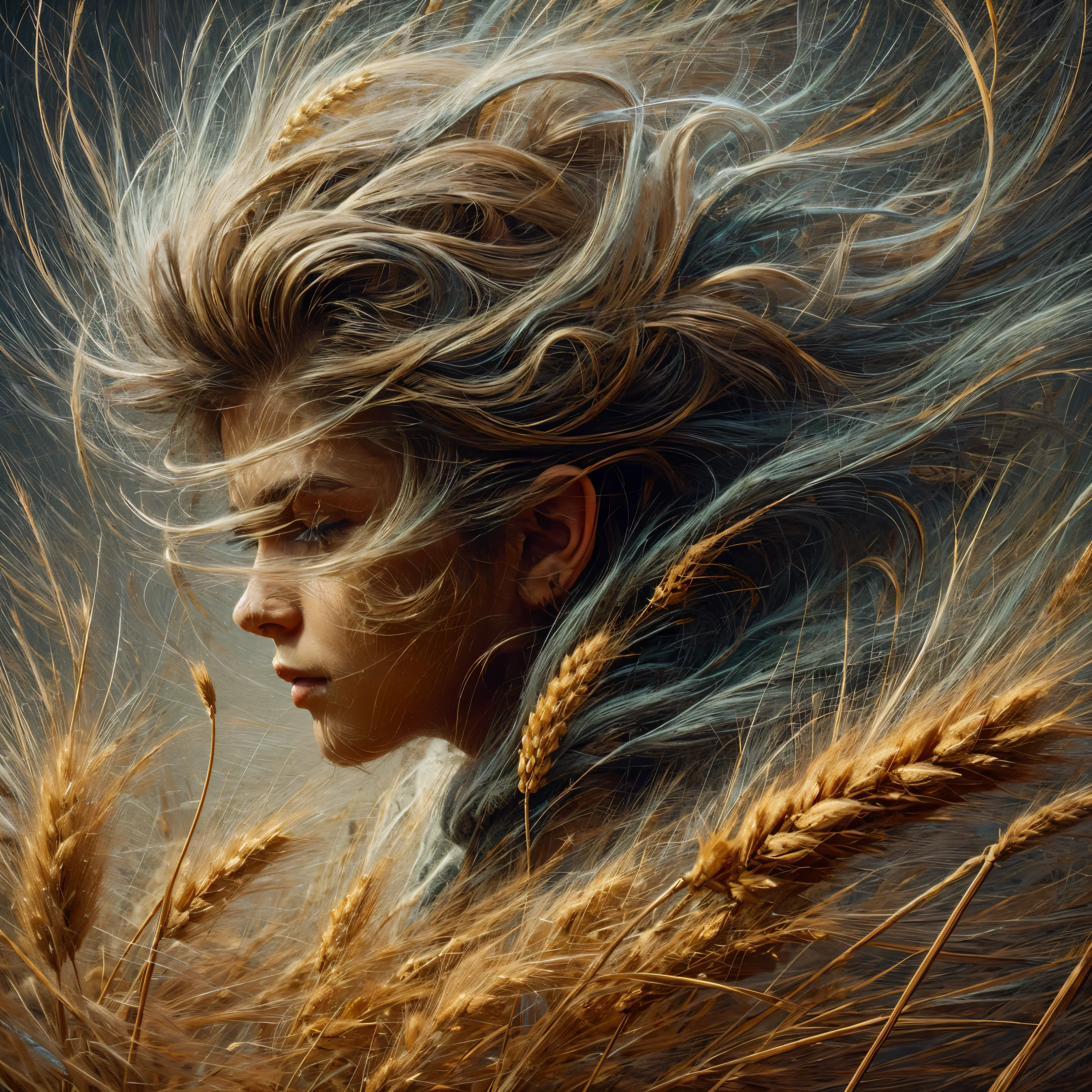 Abstract Hyperrealism a small extremely beautiful pixie with scruffy hair strain's against sheafs of wheat that are being blown by a strong wind