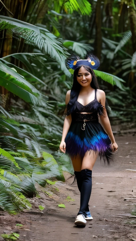 Asian woman with Indonesian face, , long flowing black hair, large breasts, wearing a peacock feather headband, walking on the edge of the tropical forest, sweet smiling expression, gam