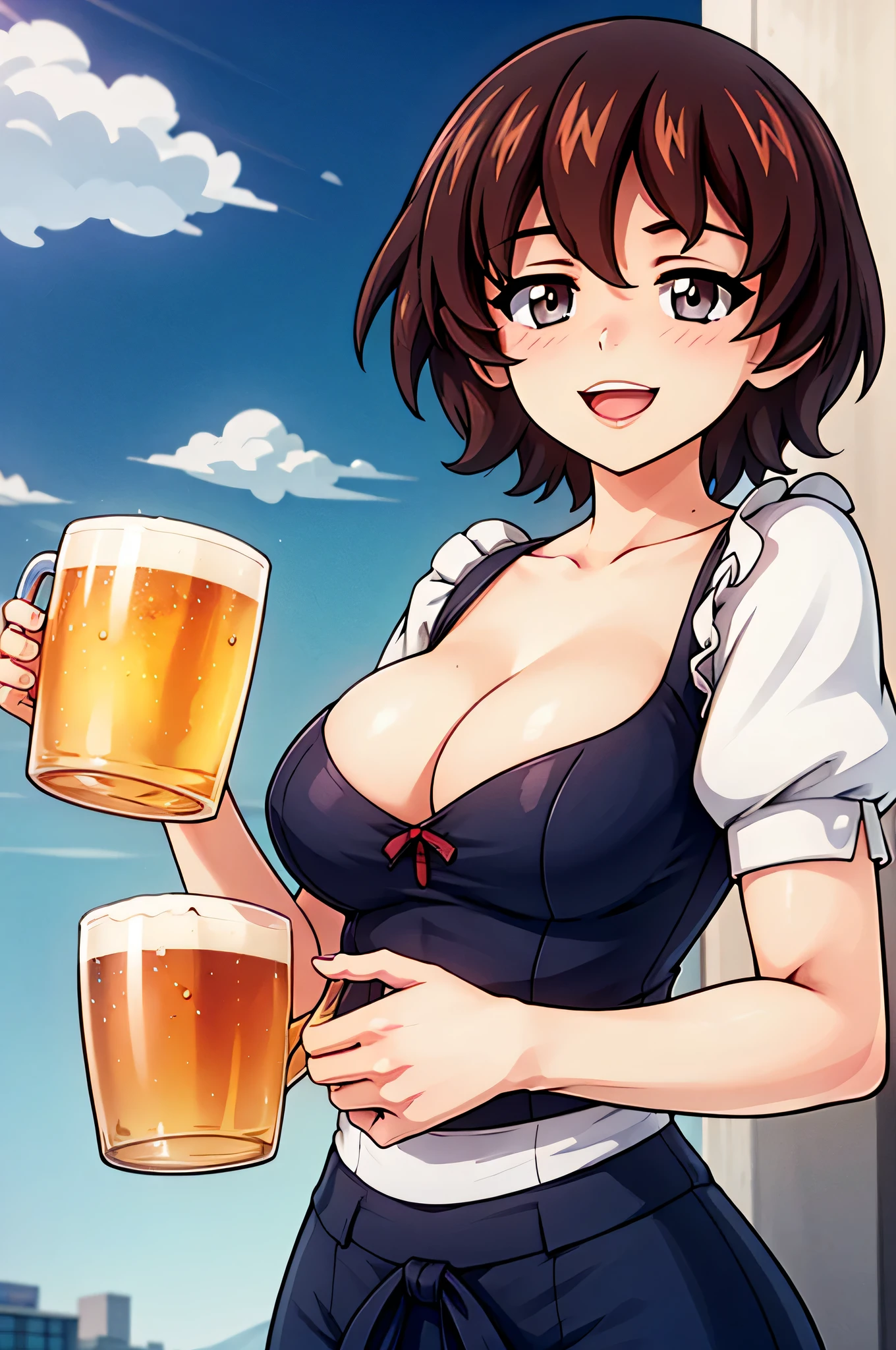 masterpiece, best quality,1girl, solo,koume \(girls und panzer\), medium breasts, looking at viewer, smile, open mouth, blush, (dirndl, puffy sleeves,frills), holding beer mug, cleavage,collarbone,outdoors, restaurant scenery,building, blue sky