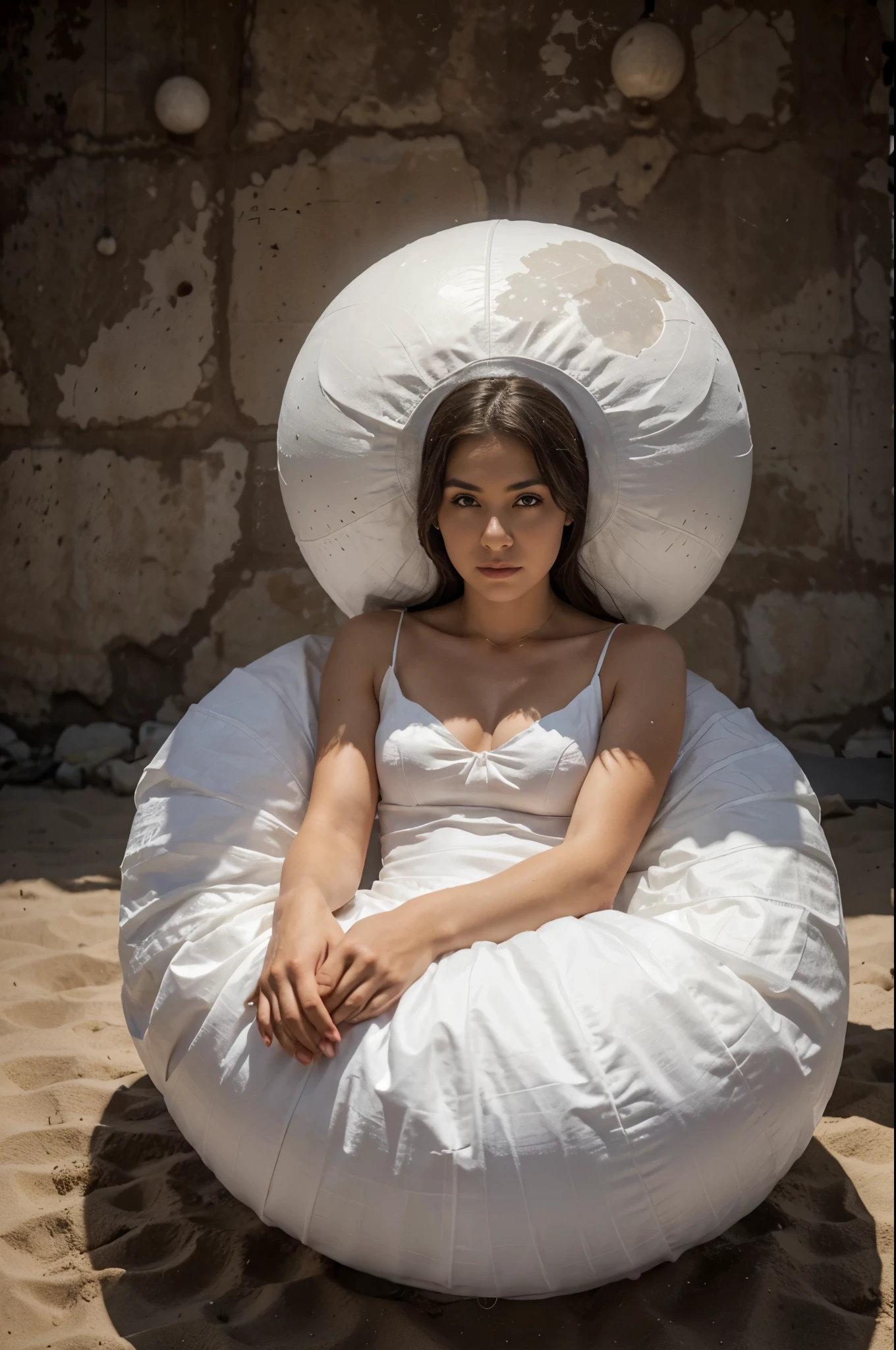A in a white dress sits on a big ball like the moon on a night beach, dramatic lighting