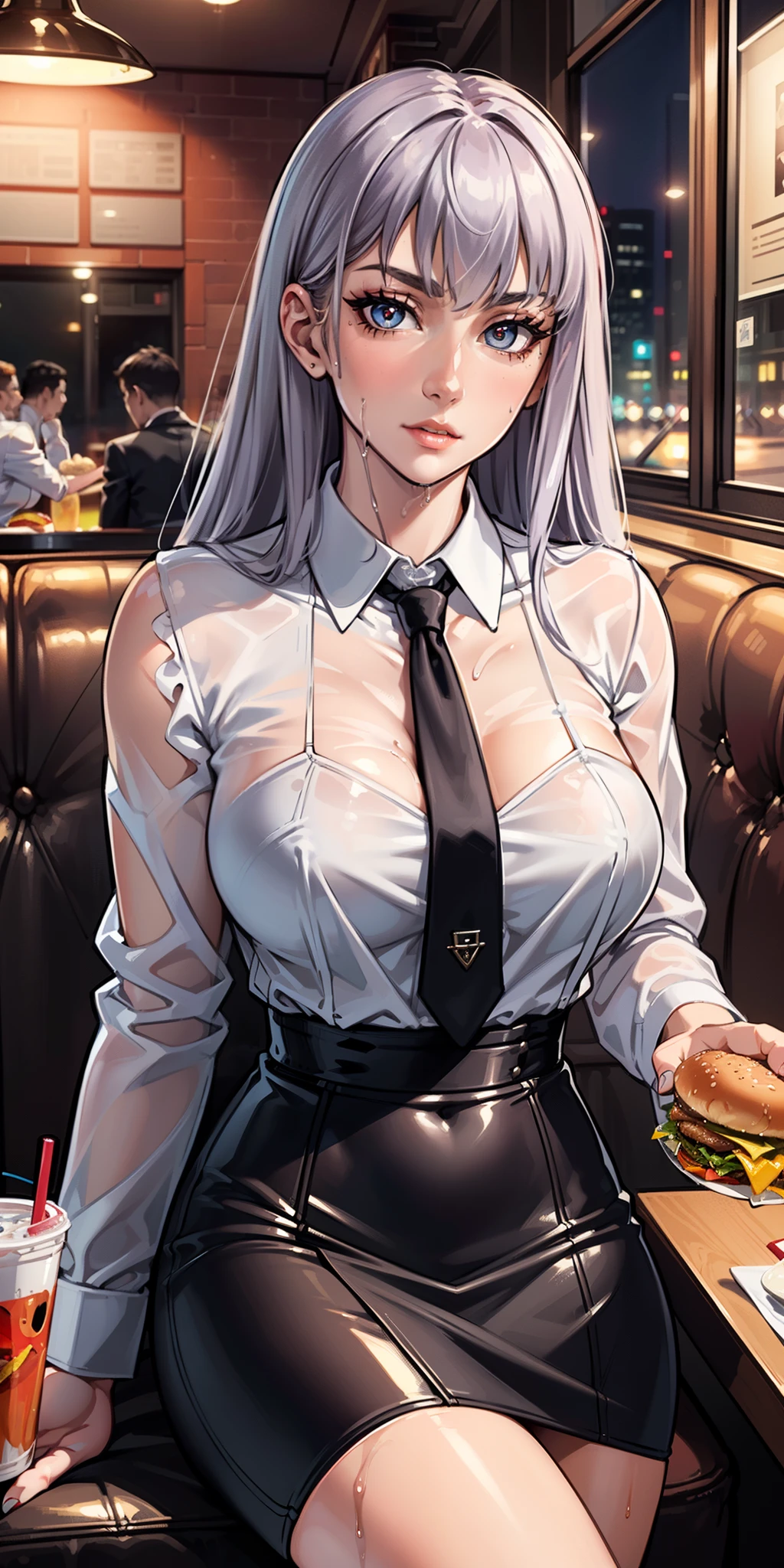 sakuyarindou768, mature female,(Wearing business outfit,formal jacket, blue neck tie, tie ,white transparent wet shirt, black skirt, black high heels, High waist Skirt)( big perfect round breasts,hourglass body, thin waist,btpt-fc,Photo realistic, (hyperrealistic:1)beautiful, masterpiece, best quality, extremely detailed face, perfect lighting,detailed eye makeup, detail face, nice detailed eyes,nice hands, perfect hands (realistic pupils,realistic iris:1) heavy eye makeup (sitting at a restaurant eating a burger and a milk shake, background restaurant)
