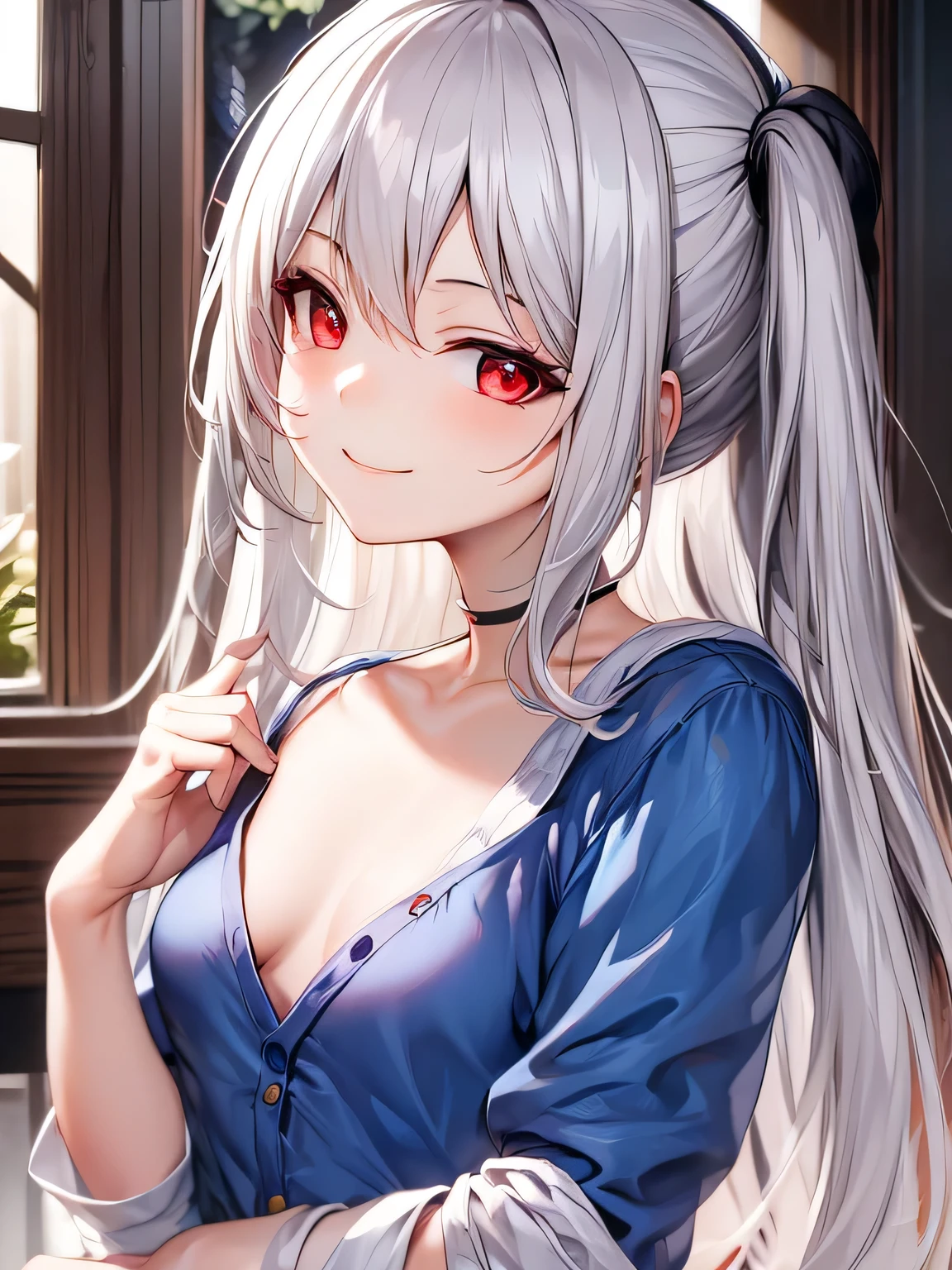 anime, 1 girl, upper body, face focus, silver hair, red eyes, long hair, small breasts, smiling, casual clothes, masterpiece, best quality