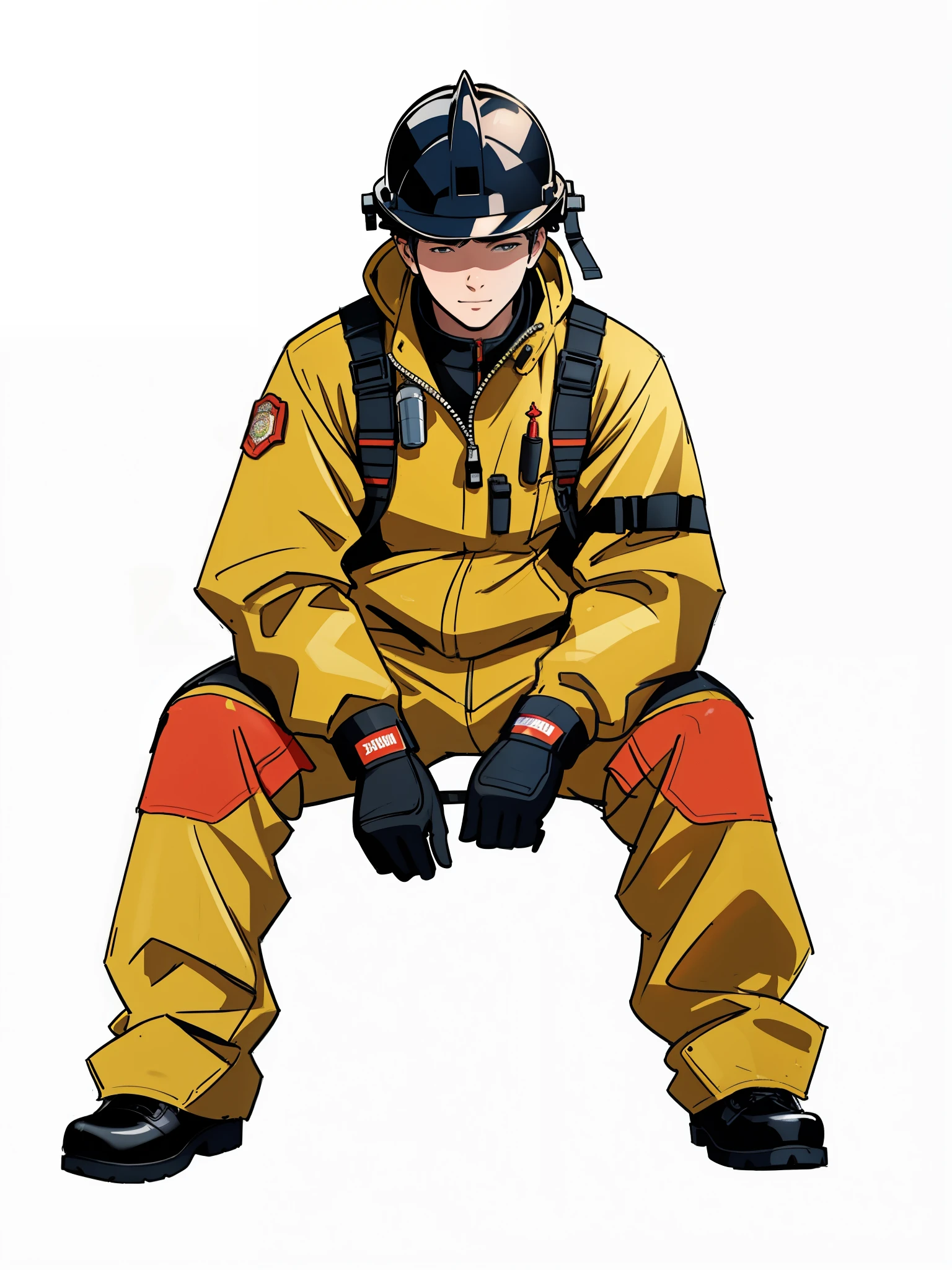a close up of a firefighter sitting on a bench wearing a helmet, firefighter, fireman, rotoscoped, firefighting gear, fire!! full body, standing in fire, one single man in a hazmat suit, sitting down, fire reak real life, rotoscope, drawn with photoshop, rotoscoping, full uniform, full body hero, full body with costume, FINE DETAILS, UHD,