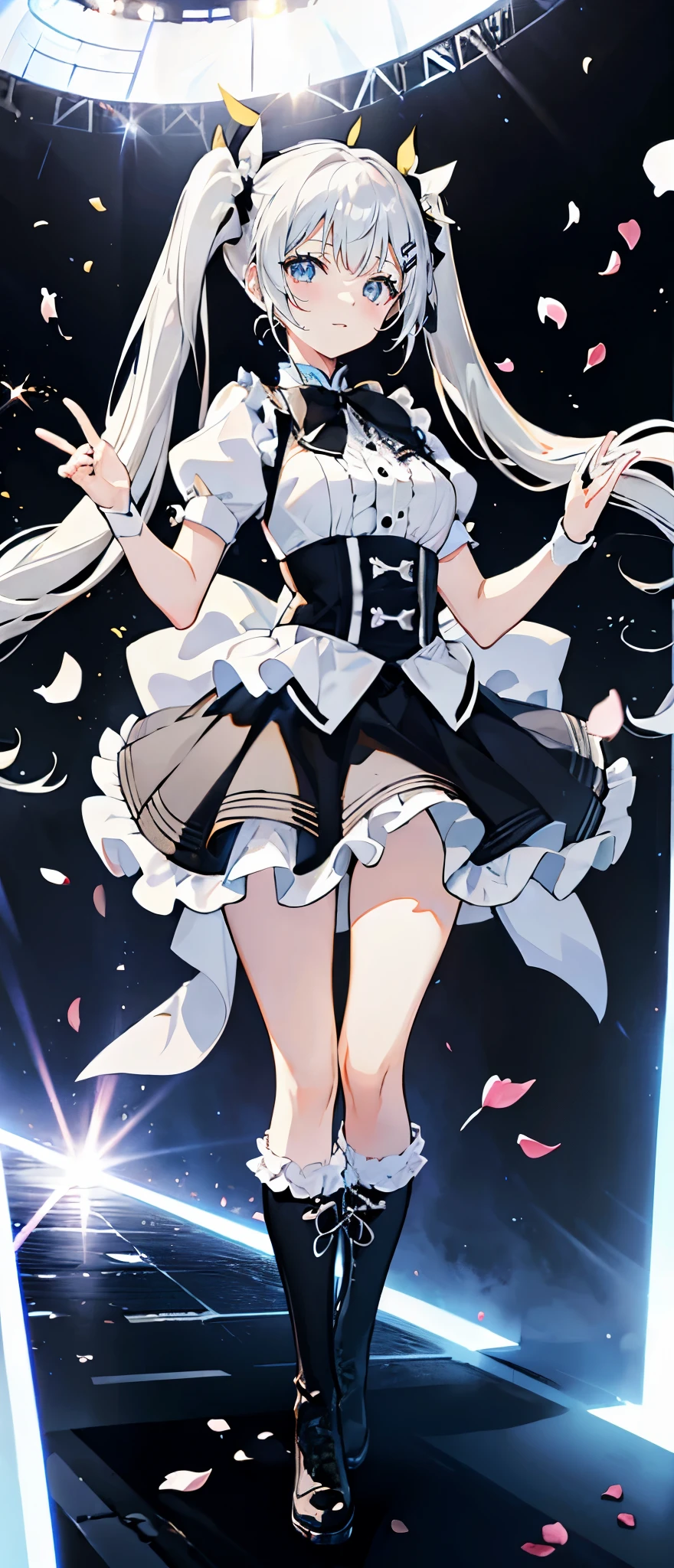 (muste piece), (best quality), very detailed, ((1 girl)), solo full body shot，Viewer's perspective，dynamic，jump，(smile)，wink，perfect face, beautiful face, very detailedな顔，((black and white hair long twin tails_black and white eyes:1.3))，Gorgeous idol costumes，ruffle skirt，solo idol，ribbon hair ornament，ribbon boots，knee high socks，concert dome，live，have a microphone，singing，smiling with mouth wide open，Laser Light，Spotlight，Lots of confetti、A large amount of petals dance