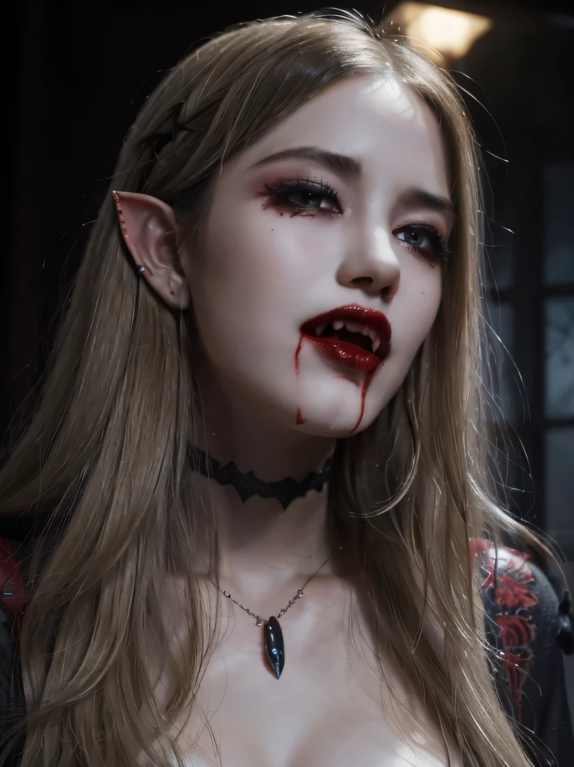 ((masterpiece、highest quality、Super detailed、High resolution、photorealistic、realistic、sharp focus、cinematic lighting))、Portrait of a female elf standing inside a castle、bust shot、focus from the chest up、high contrast、low brightness、beautiful female vampire、gray skin、heavy makeup、((wavy blonde hair))、red glowing eyes、cold look、grin and laugh、smile、 please open your mouth wide、drops of blood fall on the face、blood stains on the mouth、blood stains on chest、dark red lips、She is wearing a long gothic white dress.、Dark blue cloak、dark fantasy art、gothic art、night、dark atmosphere、view audience、Detailed depiction of hands、Bloody mouth、tooth