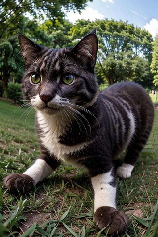 A cat civet cat，Looking up into the camera fisheye lens，Surrounded by green grass and tender flowers