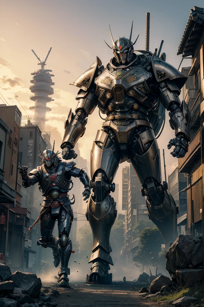(A giant mecha, styled after a feudal Samurai with Steam punk undertones), is battling a slimy Kaiju in downtown Tokyo