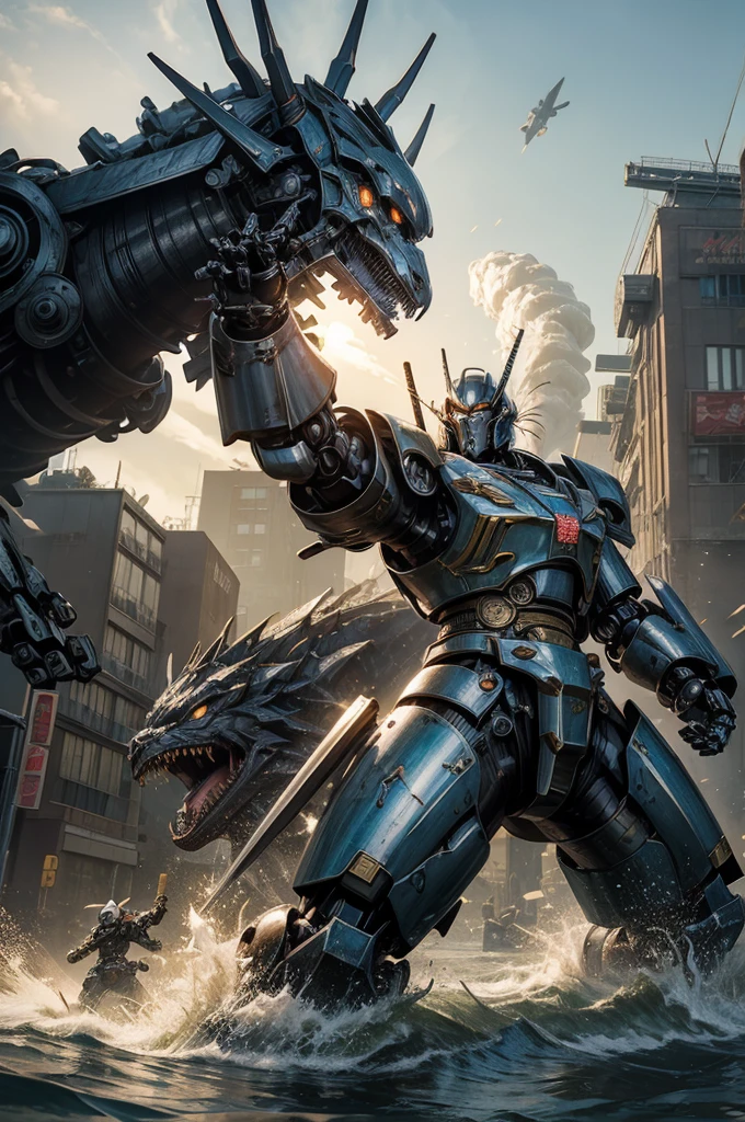 (A giant mecha, styled after a feudal Samurai with Steam punk undertones), is battling a slimy Kaiju in downtown Tokyo