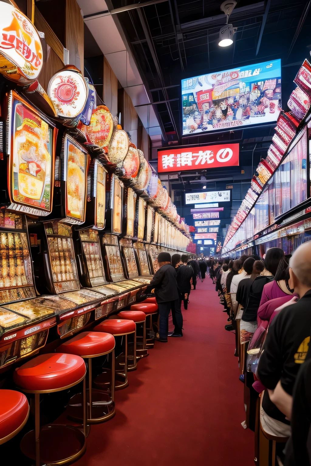 (highest quality,4k,8k,High resolution,masterpiece:1.2),super detailed,(realistic,photorealistic,photo-realistic:1.37),Japanese Pachinko Palace,intense atmosphere,賑わうcrowd,illuminated machine,The rattling sound of a ball bouncing,excited gambler,Addicted to the game,Flashing lights and bright colors,room filled with smoke,strong tobacco scent,A row of luxurious chairs,Carefully made pachinko machine,Unique design and artwork,elaborate decoration,Traditional Japanese motifs and symbols,Gorgeous golden accents,exquisite craftsmanship,attention to detail,authentic Japanese interior,soft shoji, diffused light,Captivating energy and tension,Fingers skillfully operating levers and buttons,Shining metal balls cascading down like a waterfall,Collect the sounds of victory in the rainforest of victory pockets. The prompt follows the general format described earlier。, with the main subject being the Japanese Pachinko Palace and the additional details describing the atmosphere, crowd, mechanical, and the overall experience. Prompts contain high-quality keywords, realism, Specific artistic elements related to pachinko culture and aesthetics.