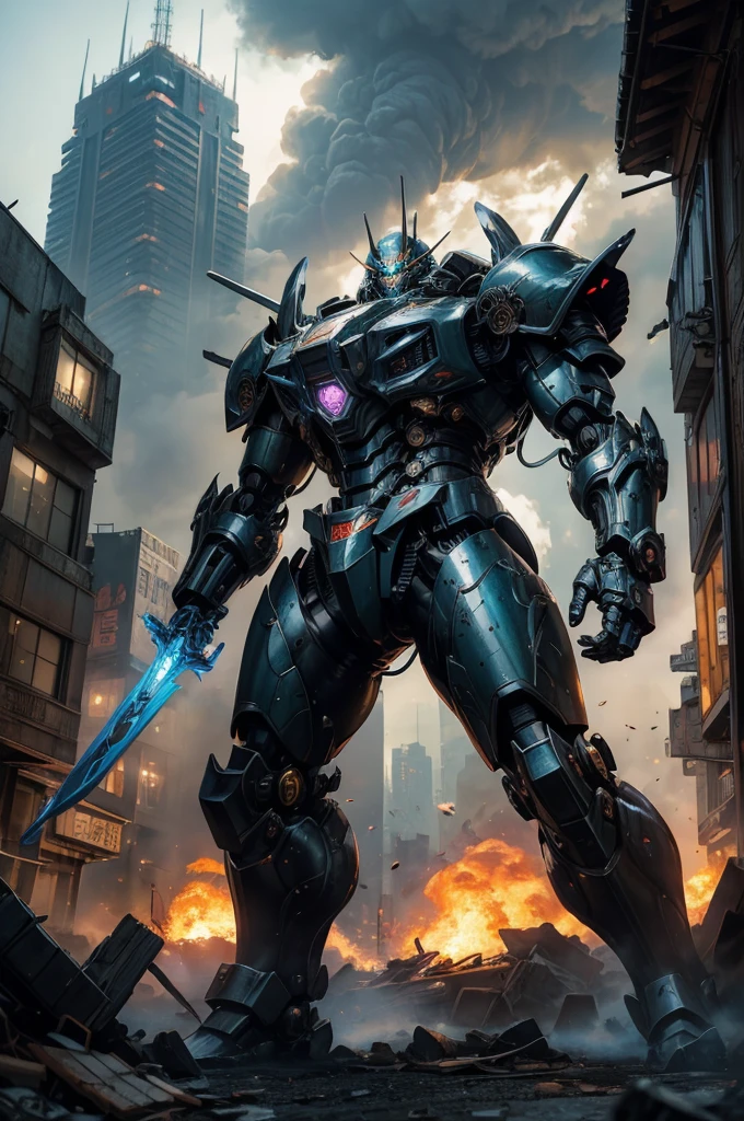 best quality,4k,8k,highres,masterpiece:1.2,ultra-detailed,realistic:1.37,A giant mecha, styled after a feudal Samurai with Steam punk undertones, is battling a slimy Kaiju in downtown Tokyo. Medium: digital illustration, vivid colors, dynamic composition.
Additional details: The mecha is adorned with intricate armor, detailed engravings, and glowing blue accents. Its energy sword shines brightly, casting a vibrant light on the surrounding area. The mecha stands tall amidst the chaos, with billowing smoke and destroyed buildings as the backdrop. The Kaiju oozes with slime and has razor-sharp teeth, contrasting with the metallic mecha. The cityscape is a mix of traditional Japanese architecture and futuristic steam punk elements, creating a unique blend of old and new. The atmosphere is filled with tension, as the mecha and Kaiju engage in an epic battle, with explosions and debris flying everywhere. The color palette is rich and vibrant, with a mix of deep blues, fiery reds, and glowing greens. The lighting is dramatic, casting long shadows and highlighting the intensity of the fight.