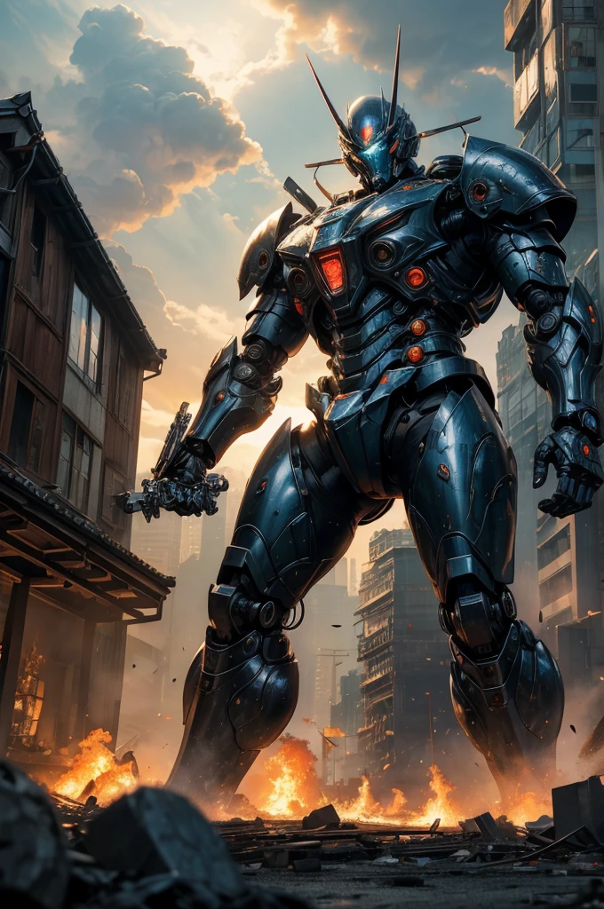 best quality,4k,8k,highres,masterpiece:1.2,ultra-detailed,realistic:1.37,A giant mecha, styled after a feudal Samurai with Steam punk undertones, is battling a slimy Kaiju in downtown Tokyo. Medium: digital illustration, vivid colors, dynamic composition.
Additional details: The mecha is adorned with intricate armor, detailed engravings, and glowing blue accents. Its energy sword shines brightly, casting a vibrant light on the surrounding area. The mecha stands tall amidst the chaos, with billowing smoke and destroyed buildings as the backdrop. The Kaiju oozes with slime and has razor-sharp teeth, contrasting with the metallic mecha. The cityscape is a mix of traditional Japanese architecture and futuristic steam punk elements, creating a unique blend of old and new. The atmosphere is filled with tension, as the mecha and Kaiju engage in an epic battle, with explosions and debris flying everywhere. The color palette is rich and vibrant, with a mix of deep blues, fiery reds, and glowing greens. The lighting is dramatic, casting long shadows and highlighting the intensity of the fight.