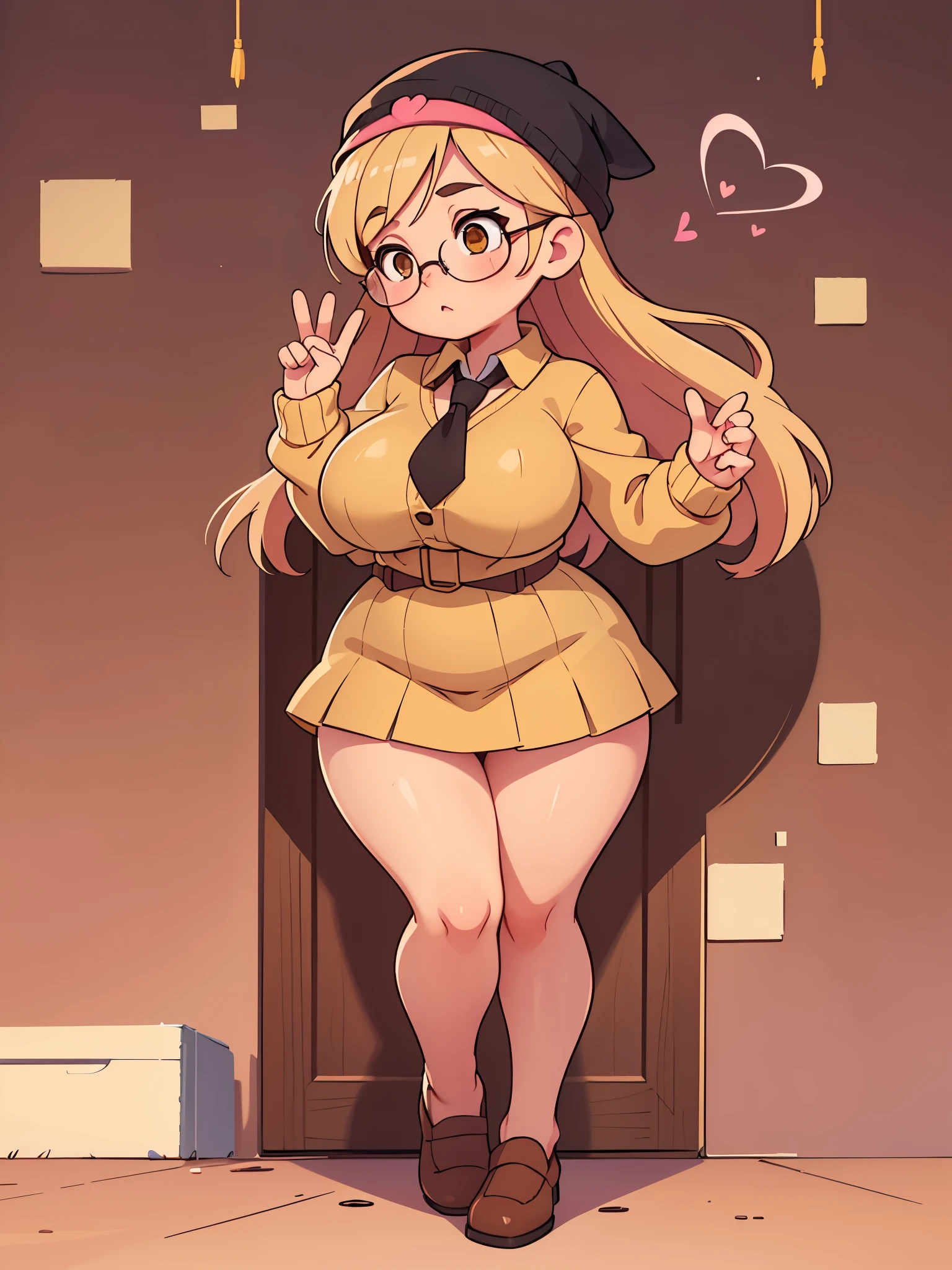 Drawing of a pudgy, tall teenage girl with rosy cheeks; brown eyes; creamy blonde hair. She is wearing rounded black dress shoes; she has very muscular, toned feet and legs. Her legs are fat, meaty, voluptuous, curvaceous, long, Rubenesque and plump. She is wearing a yellow cardigan, a beanie, circular glasses, a brown miniskirt and a pink kawaii beret. She is posing with one leg up and the other one bent inward. She is making a heart with her hands.