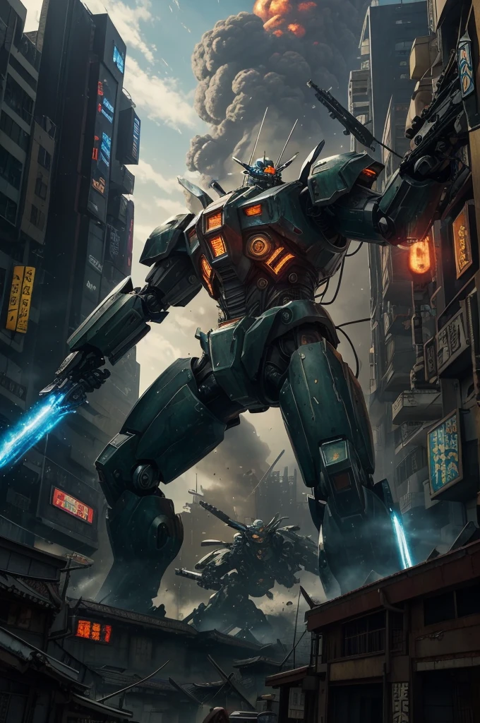 best quality,4k,8k,highres,masterpiece:1.2,ultra-detailed,realistic:1.37,A giant mecha, styled after a feudal Samurai with Steam punk undertones, is battling a slimy Kaiju in downtown Tokyo. Medium: digital illustration, vivid colors, dynamic composition.
Additional details: The mecha is adorned with intricate armor, detailed engravings, and glowing blue accents. Its energy sword shines brightly, casting a vibrant light on the surrounding area. The mecha stands tall amidst the chaos, with billowing smoke and destroyed buildings as the backdrop. The Kaiju oozes with slime and has razor-sharp teeth, contrasting with the metallic mecha. The cityscape is a mix of traditional Japanese architecture and futuristic steam punk elements, creating a unique blend of old and new. The atmosphere is filled with tension, as the mecha and Kaiju engage in an epic battle, with explosions and debris flying everywhere. The color palette is rich and vibrant, with a mix of deep blues, fiery reds, and glowing greens. The lighting is dramatic, casting long shadows and highlighting the intensity of the fight.