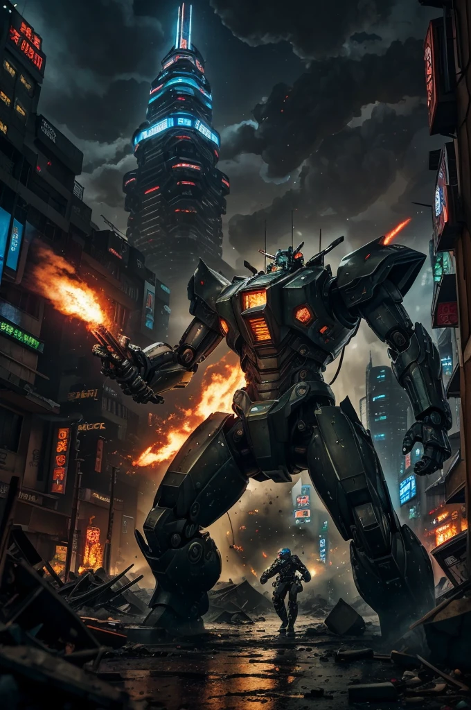 best quality,4k,8k,highres,masterpiece:1.2,ultra-detailed,realistic:1.37,A giant mecha, styled after a feudal Samurai with Steam punk undertones, is battling a slimy Kaiju in downtown Tokyo. Medium: digital illustration, vivid colors, dynamic composition.
Additional details: The mecha is adorned with intricate armor, detailed engravings, and glowing blue accents. Its energy sword shines brightly, casting a vibrant light on the surrounding area. The mecha stands tall amidst the chaos, with billowing smoke and destroyed buildings as the backdrop. The Kaiju oozes with slime and has razor-sharp teeth, contrasting with the metallic mecha. The cityscape is a mix of traditional Japanese architecture and futuristic steam punk elements, creating a unique blend of old and new. The atmosphere is filled with tension, as the mecha and Kaiju engage in an epic battle, with explosions and debris flying everywhere. The color palette is rich and vibrant, with a mix of deep blues, fiery reds, and glowing greens. The lighting is dramatic, casting long shadows and highlighting the intensity of the fight.