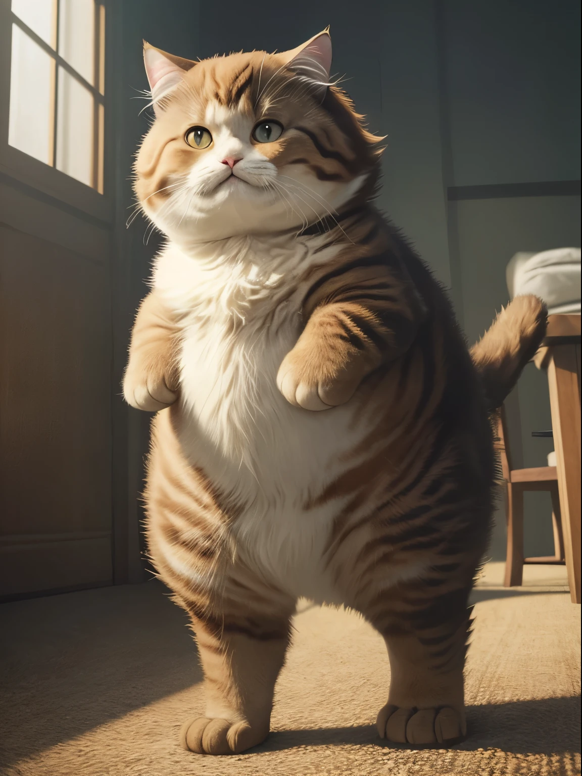 (best quality, 4K, masterpiece:1.3), hyperrealistic, cute fluffy fat cat crossed with Tyrannosaurus, standing on hind legs, short front legs, mohawk on back.