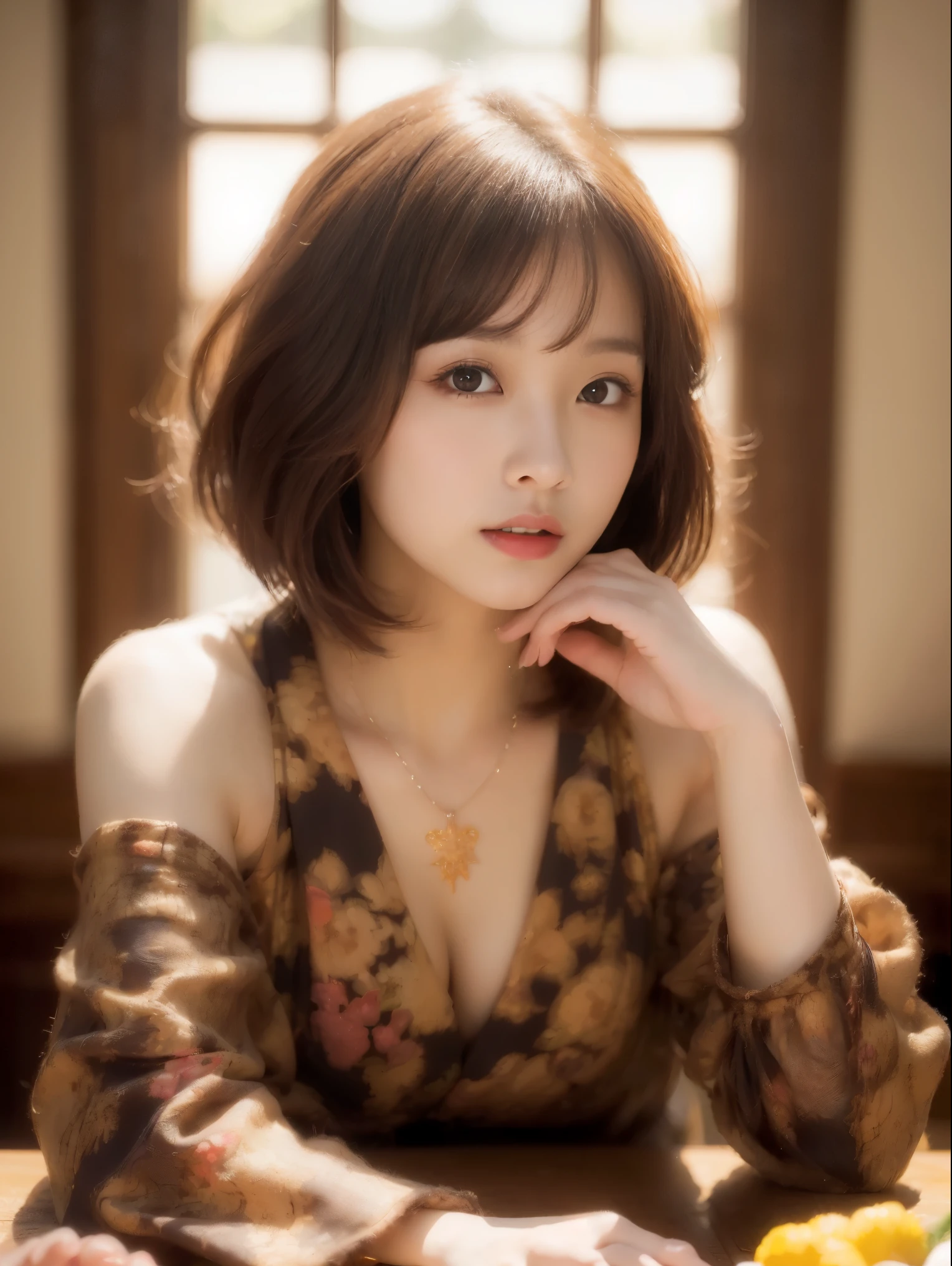 (table top, highest qualityの, Maruface、highest quality, official art, beautiful and aesthetic:1.2), (1 girl:1.3), very detailed,(fractal art:1.3),colorful,best details、brown hair short bob cut
