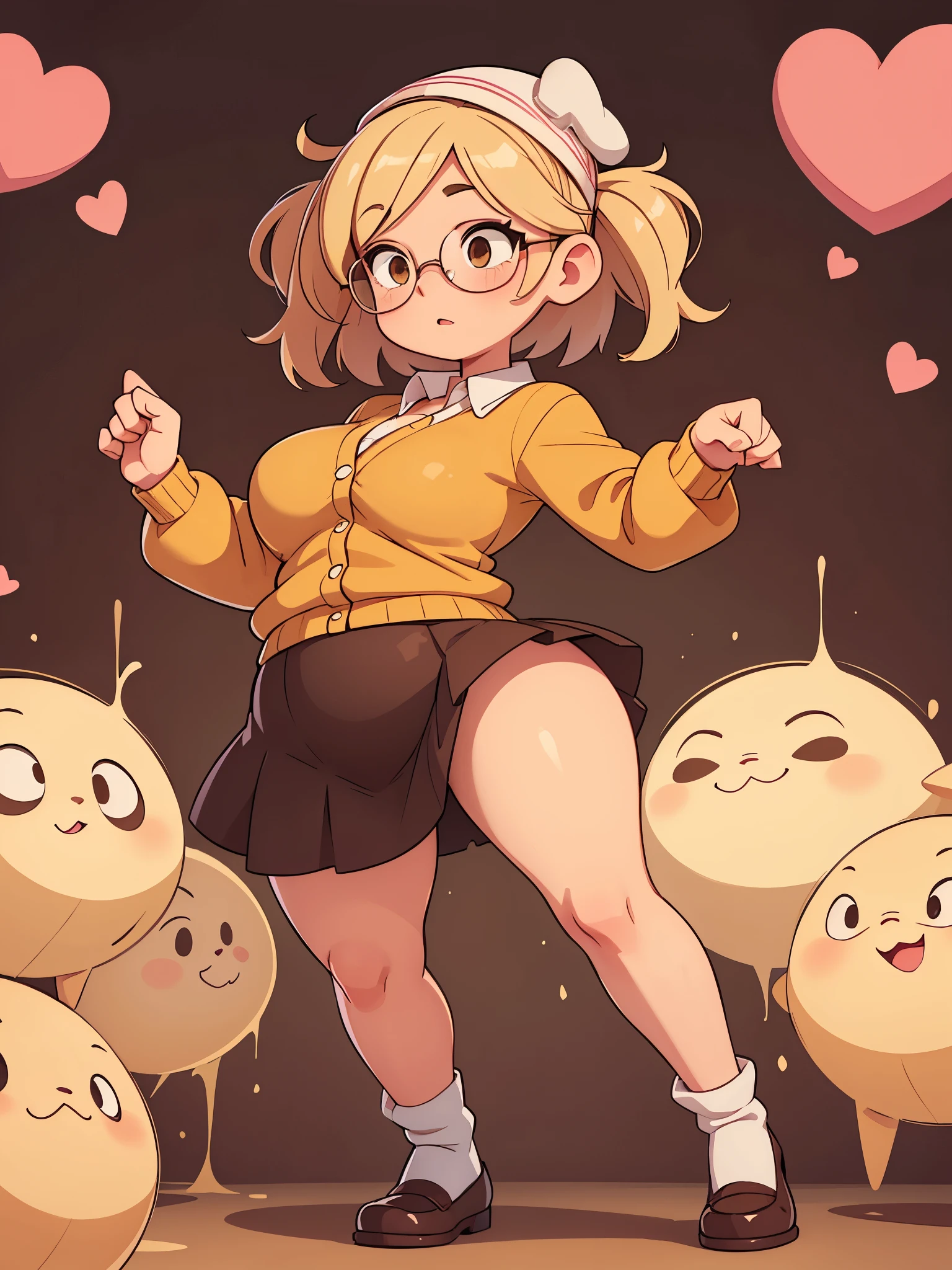 masterpiece,best quality,full body,prefect face,female,girl,gyaru,white marble glowing skin,curvy,huge breasts,wide hips,thick thigh,muscular female,solo,athletes,student,mole under eye,colored eyelashes,wide eyes,one eye closed,open mouth,naughty face,tongue out,short hair,pink hair,yellow hair,low twintails,short twintails,pixie cut,wavy hair,hair ribbon,hair bow,hairclip,choker,stud earrings,ring,skirt lift,,pleated skirt,stockings,combat boots,in autumn,sun,gym,teasing,smug,confident