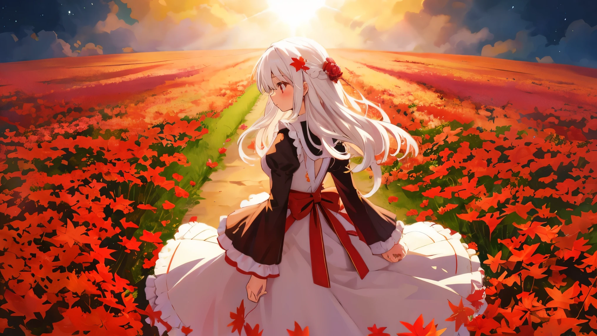 masterpiece, best quality, extremely detailed, (beautiful background:1.3), detailed, from behind, BREAK 1girl, white hair, red eyes, wavy hair, blush, very long hair, solo focus, close up, BREAK flowerbed forming a circle on ground, flowers, arms behind back, wall of flowers, bokeh, beautiful detailed lighting, particles, sun rays, floating maple leaves, beautiful dress, frilled dress, frilled sleeves, light rays focusing on body, red roses, (maple leaf:0.5), sunrise, skies, clouds, blue sky, (shooting stars:0.9)