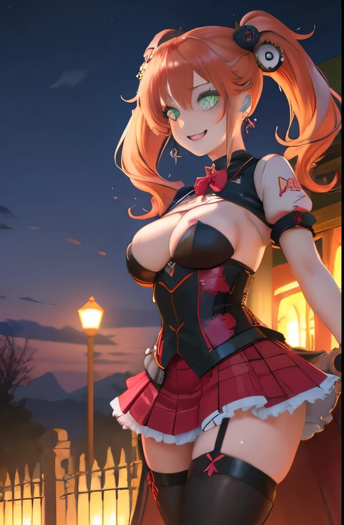 best quality, 4K wallpaper, masterpiece, extremely detailed CG unity 8k wallpaper, extremely detailed eyes, ultra-detailed, 1girl, solo, medium breasts, Ollie, zombie_skin, multicolored hair, multicolored eyes, twintail hair, earrings, style-bridal, outdoors, night, graveyard, looking at viewer, smile, standing, crossed legs, upper body,