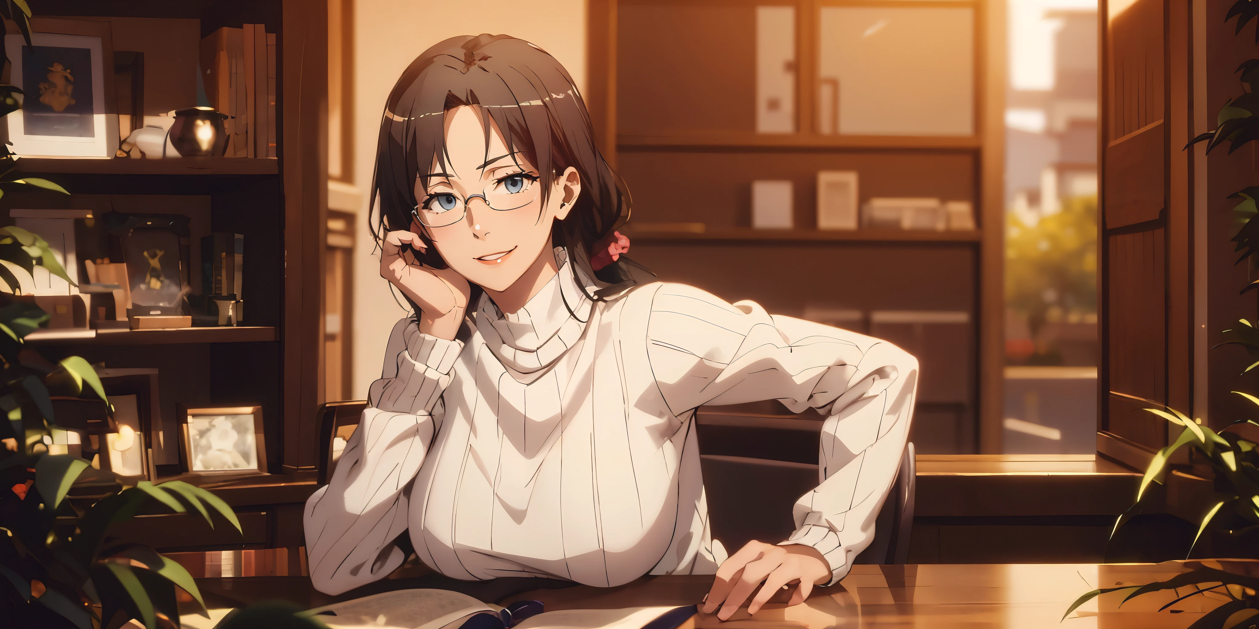 sensei, anatomically correct, best quality, masterpiece, high quality, high details, highres, HD, (shaded face:1.2), hollow eyes, blue eyes, looking at viewer, seductive smile, glasses, lips, sensei, black hair, ponytail, scrunchie, huge breasts, solo, blurry, 1girl, depth_of_field, earrings, blurry_background, breasts, jewelry, bookshelf, red_eyes, indoors, table, sweater, solo, large_breasts, looking_at_viewer, blurry_foreground, long_sleeves, closed_mouth, bangs, blush, pantyhose, hand_on_own_cheek, sidelocks, breast_rest, ribbed_sweater,