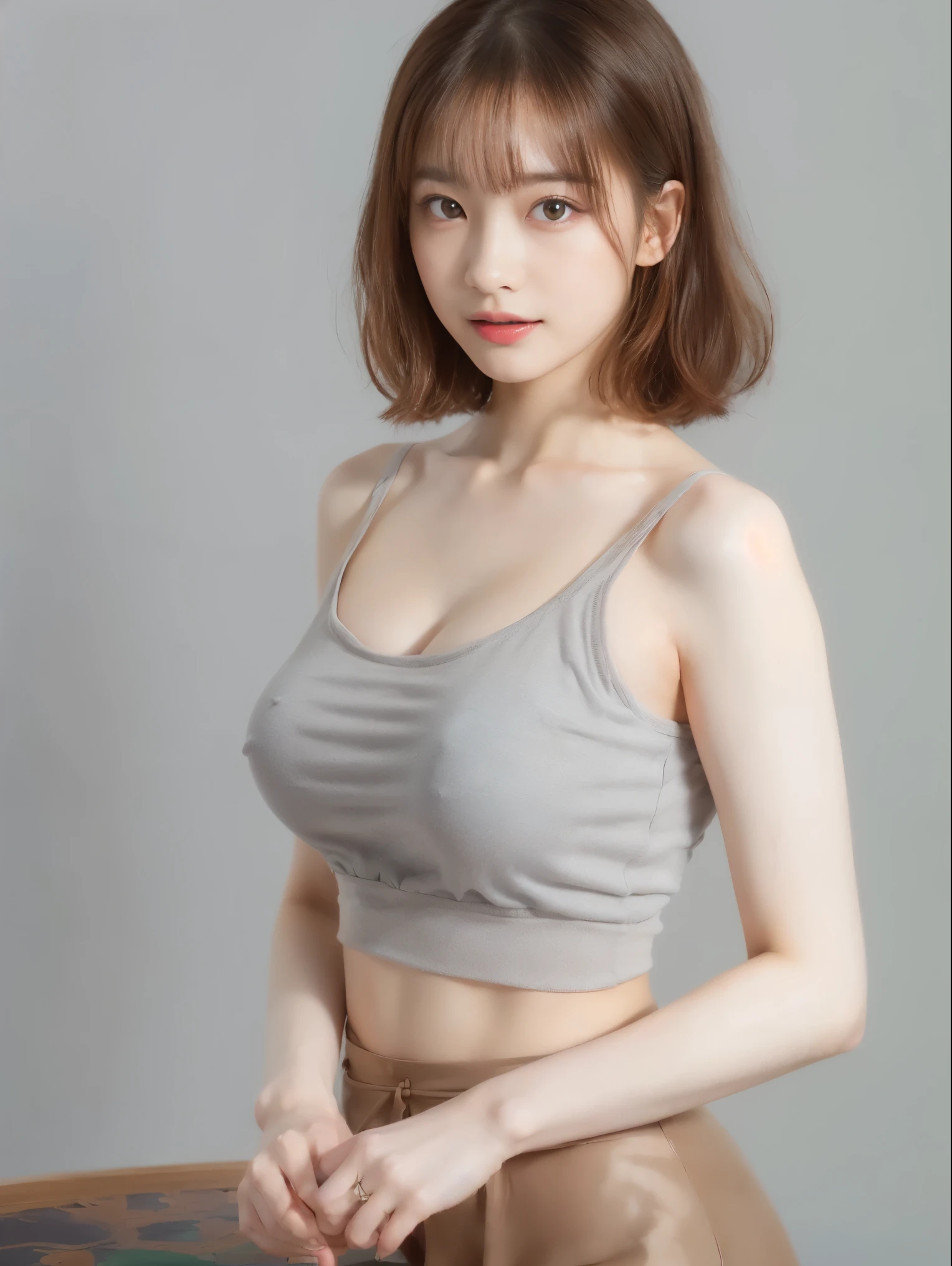 (table top, highest qualityの, highest quality, official art, Beautiful and beautiful girl with small breasts:1.2), (1 girl:1.3), very detailed,(Pale gray background:1.3),colorful,best details、brown hair short bob cut、Beautiful girl wearing a loose tank top、