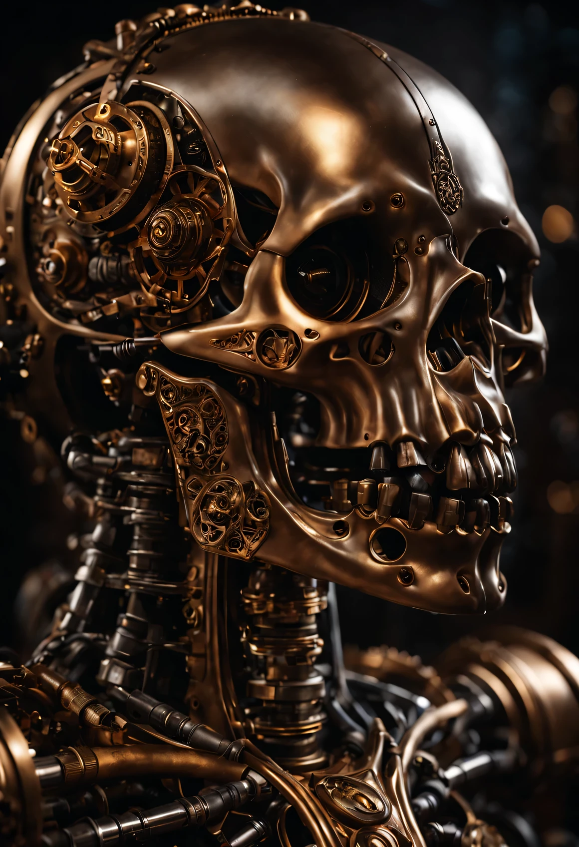 (best quality,4k,8k,highres,masterpiece:1.2),ultra-detailed,(realistic,photorealistic,photo-realistic:1.37),steampunk , metallic,shiny,glowing,death skeleton robot monster,dark background,creepy atmosphere,ominous shadows,vivid colors,sharp focus,horror,concept artists,gruesome,nighttime scene,dim lights,sinister,mechanical,exposed gears,cyborg,animated movements,dystopian future,technological advancements