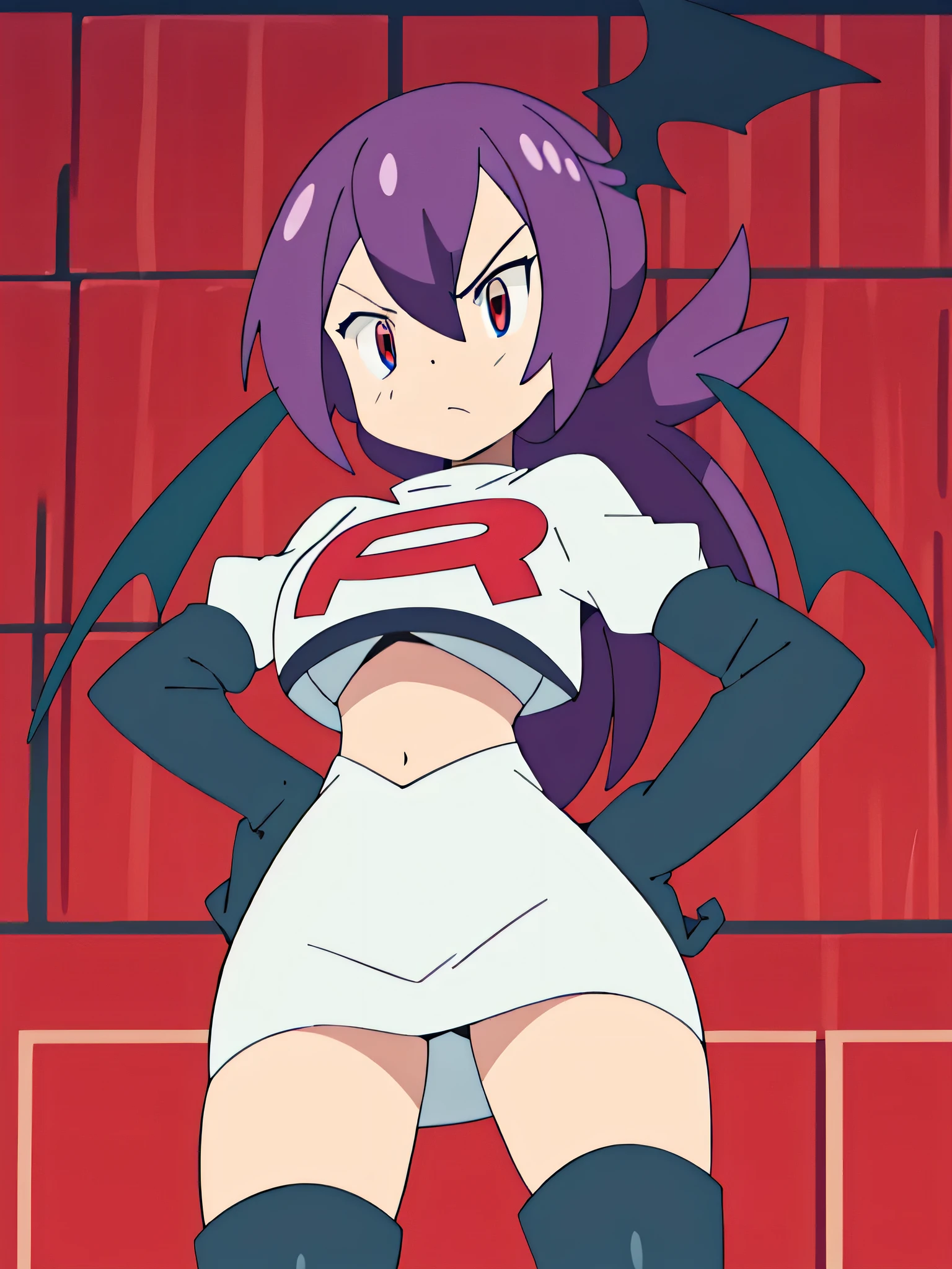 Colorful , masutepiece, Best Quality, 1girl in, , purple hair, middle hair, spike hair, Evil Female Executive, Goth ta Costume, a miniskirt, White stockings, Large red ribbon, a choker, White inner, black clothes,  black boots, bat wings, , from below, looking at viewer, contrapposto, hand on hip, hairs between eyes, red eyes, shiny eyes,team rocket uniform, red letter r, white skirt,white crop top,black thigh-high boots, black elbow gloves, glaring angrily, looking at viewer, hands on hips, zettai ryouiki, cowboy shot