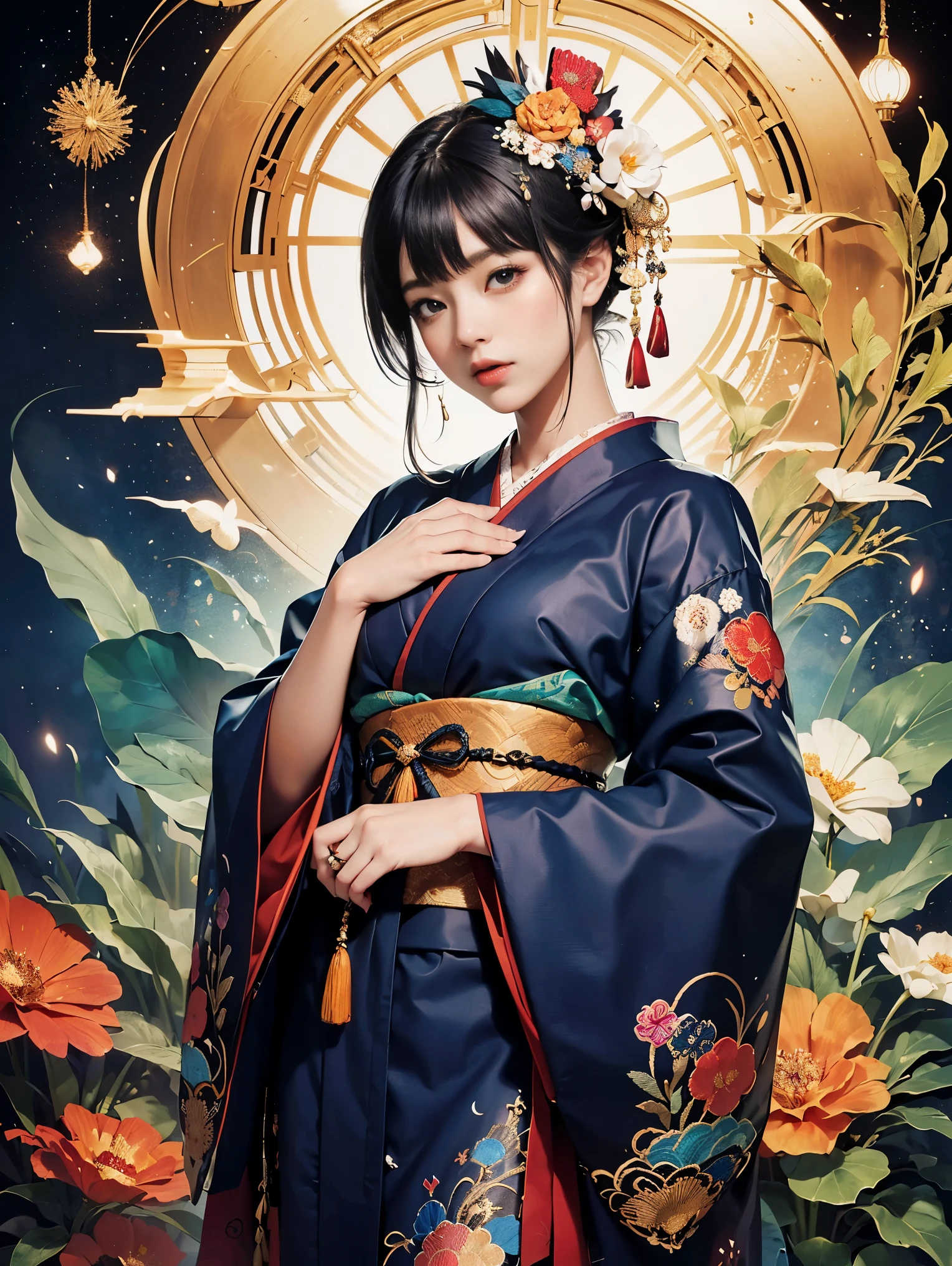 (masterpiece, highest quality, highest quality, official art, beautiful and aesthetic:1.2), (1 girl),elaborate costumes(luxurious japanese kimono(colorfulな着物(fine embroidery))), very detailed,(fractal art),colorful,most detailed,Mandala in the background