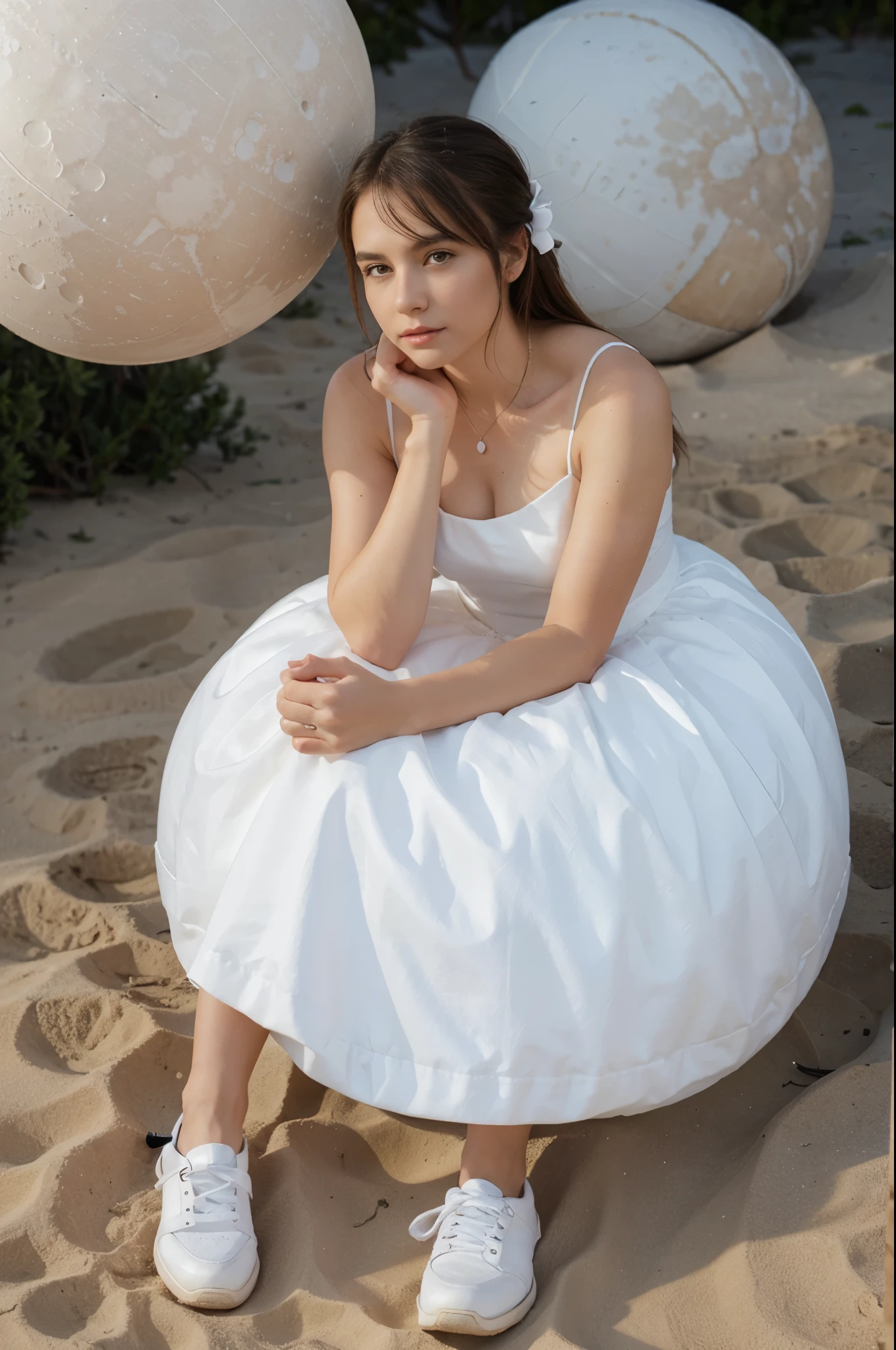 A in a white dress in white shoes sits on a ball like the moon on a night beach, dramatic lighting