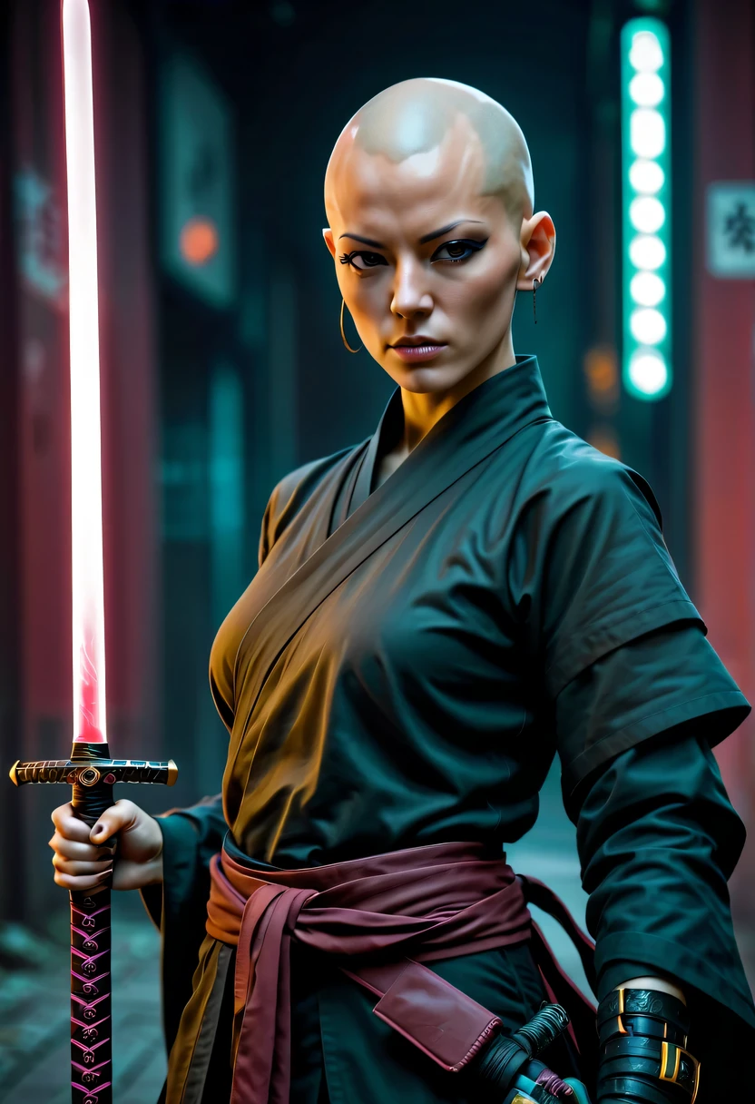 Samurai sword,sh4g0d style cyberpunk female warrior,(bald,monk:1.2),bushido,robe