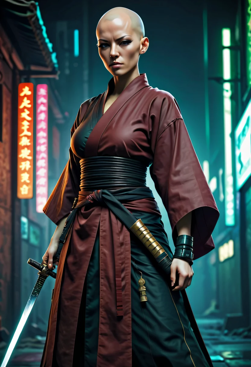 Samurai sword,sh4g0d style cyberpunk female warrior,(bald,monk:1.2),bushido,robe