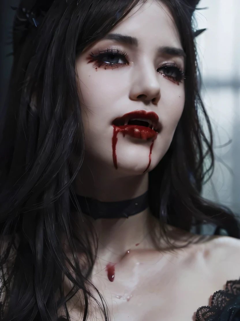 ((masterpiece、highest quality、Super detailed、High resolution、photorealistic、realistic、sharp focus、cinematic lighting))、Portrait of a female elf standing inside a castle、bust shot、focus from the chest up、high contrast、low brightness、beautiful female vampire、gray skin、heavy makeup、((wavy blonde hair))、red glowing eyes、cold look、grin and laugh、smile、 please open your mouth wide、drops of blood fall on the face、blood stains on the mouth、blood stains on chest、dark red lips、She is wearing a long gothic white dress.、Dark blue cloak、dark fantasy art、gothic art、night、dark atmosphere、view audience、Detailed depiction of hands、Bloody mouth、tooth