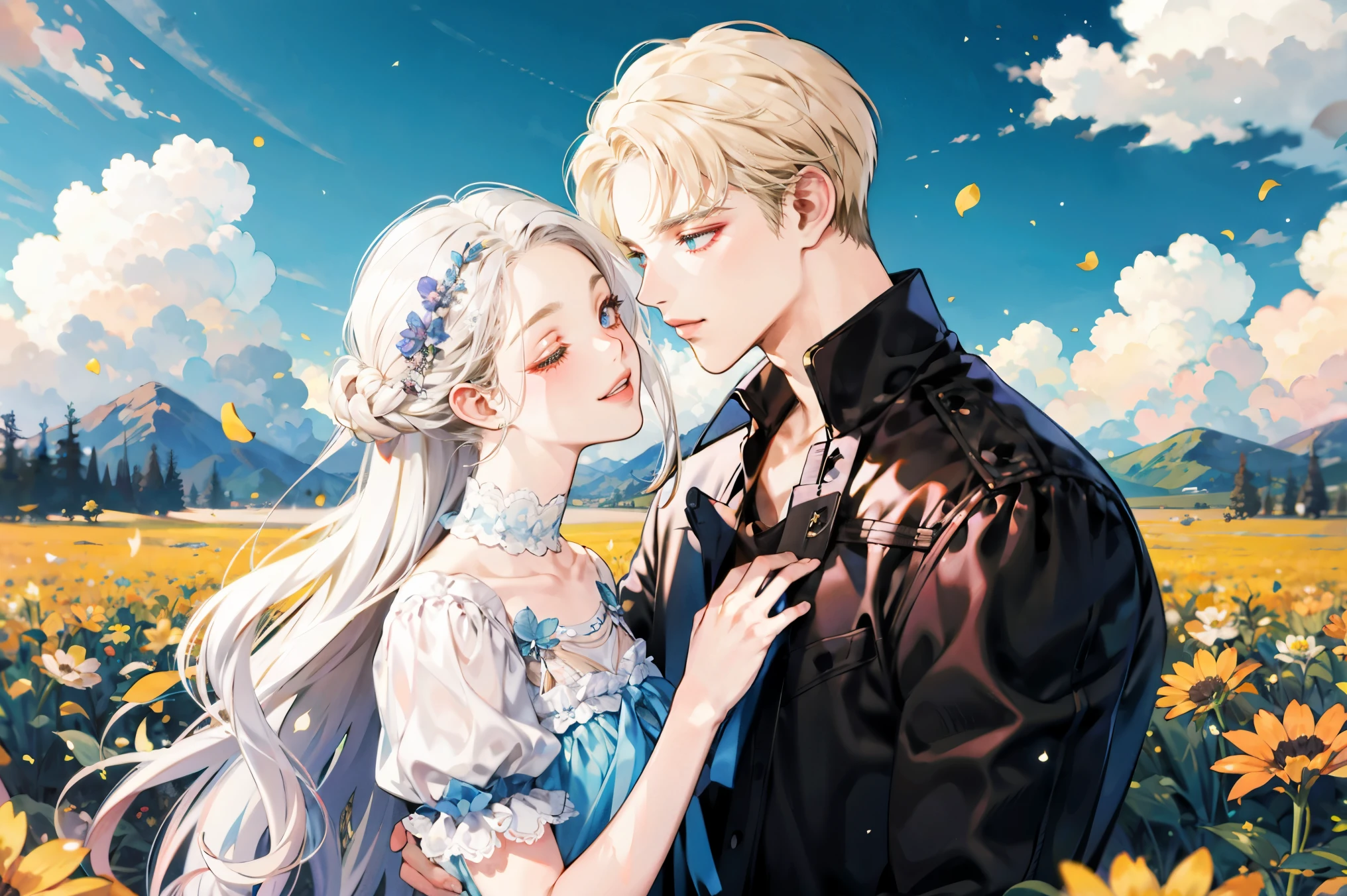 masterpiece, best quality, 2others, couple, hetero, 1man with 1woman, white hair and Blonde, height difference, different colors, happy, love, flower-filled landscape, forehead