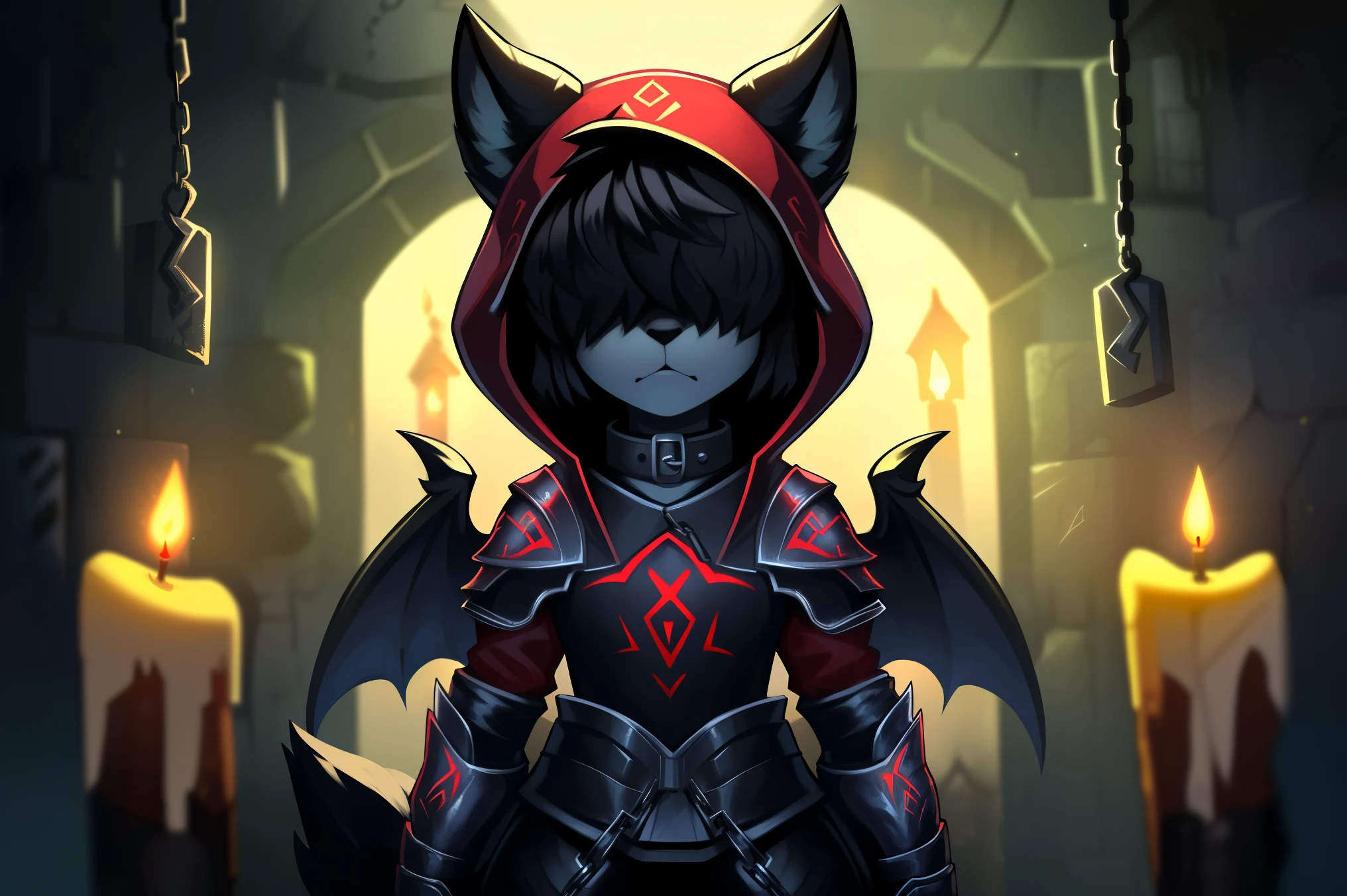 ((fox)), male, feminine body, (solo), fluffy hair, ((hair over eyes), black hair, short hair, twintail hair, ((fluffy body)), black fox tail, black fox ears, ((black devil wings)), ((black devil horns)), ((red infernal armor)), ((hood up)), spike collar, standing, up close, dark blue atmosphere, ((dark room)), ((dungeon)), chains, candles, demonic sigil, up close, Very good figure, cinematic lighting, volume lighting, masterpiece, super detail, high quality, best quality, highres, 16k
