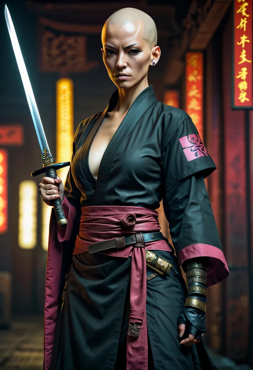 Samurai sword,sh4g0d style cyberpunk female warrior,(bald,monk:1.2),bushido,robe