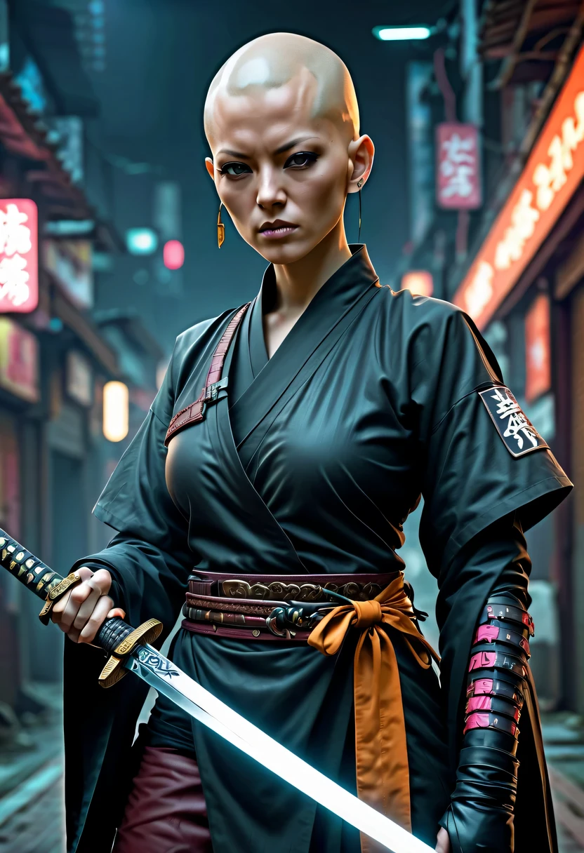 Samurai sword,sh4g0d style cyberpunk female warrior,(bald,monk:1.2),bushido,robe