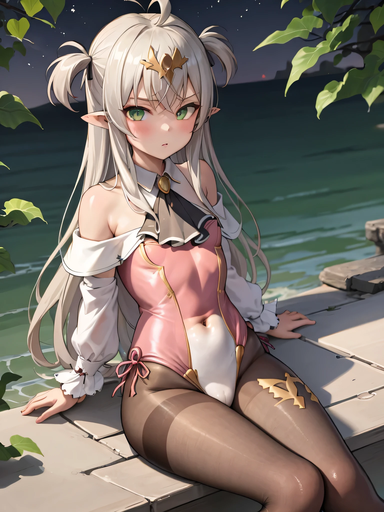 masterpiece, best quality, highres BREAK dslili, green eyes, long hair, two side up, hair ornament, pointy ears, ahoge, small breasts, leotard, covered navel, pantyhose, ribbon, ascot, 1girl, solo BREAK sitting outdoors, lakeside, evening, detailed background, lilibet
