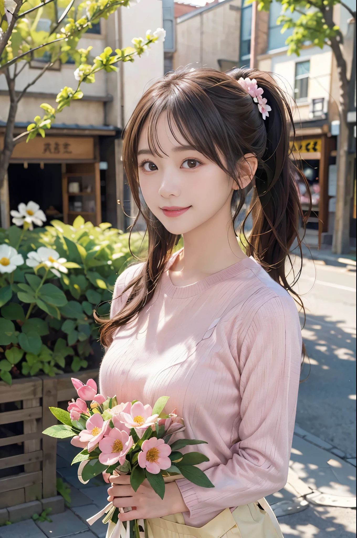 ((masterpiece,best quality 1.4)), (8k,RAW photo:1.2), (realistic,photo realistic:1.4), ultra high resolution , (Highly detailed 8k wallpaper) ,japanese idol, Japanese actress, Japanese, very cute, Big eyes, highly detailed eyes and face, Beautiful eyes in every detail,shiny skin,portrait,(ponytail :1.2),(smile:1.3) ,(Holding a bouquet of flowers),lighting, sharp focus, Depth of written boundary , (dynamic angle:1.4 ). blur background, Bokeh, (pink Sweater and apron) ,A small flower shop bathed in spring sunlight, with colorful flowers lined up. In front of the shop, there are vivid bouquets and hanging succulents on display. The background extends to a cobblestone road and an old-fashioned townscape
